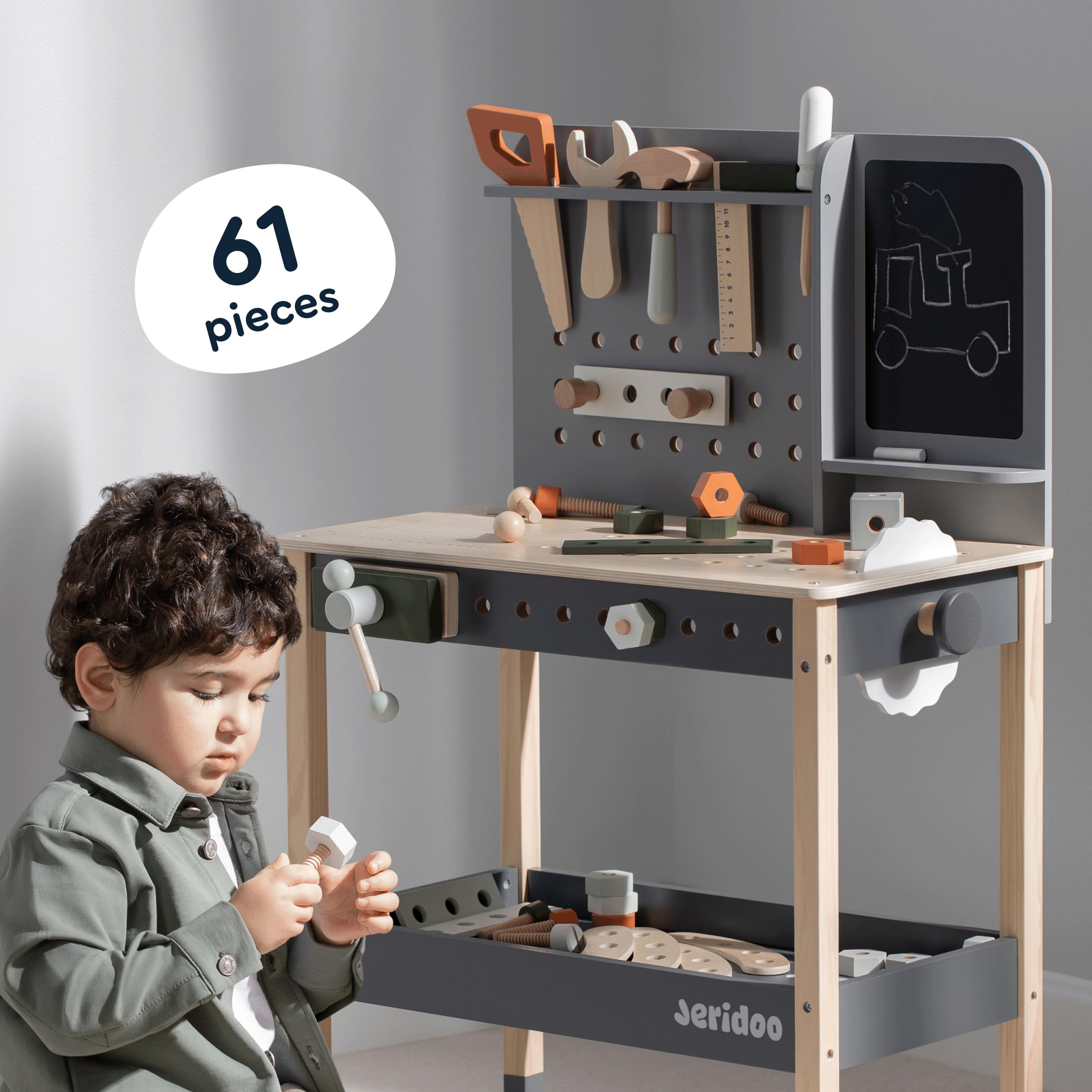 Set di attrezzi, banco da lavoro per bambini, in legno, con vite e dado Jeridoo