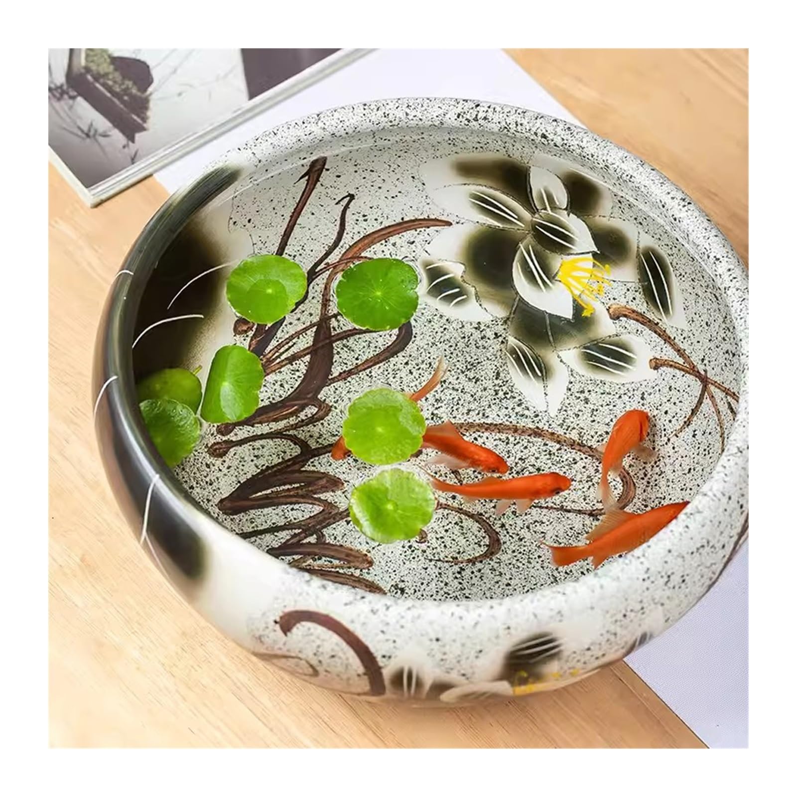 pecera decoración de escritorio, pecera de cerámica pintada a mano, lirio de agua, maceta de loto, jardín, jardín, pecera de cristal (32 cm)