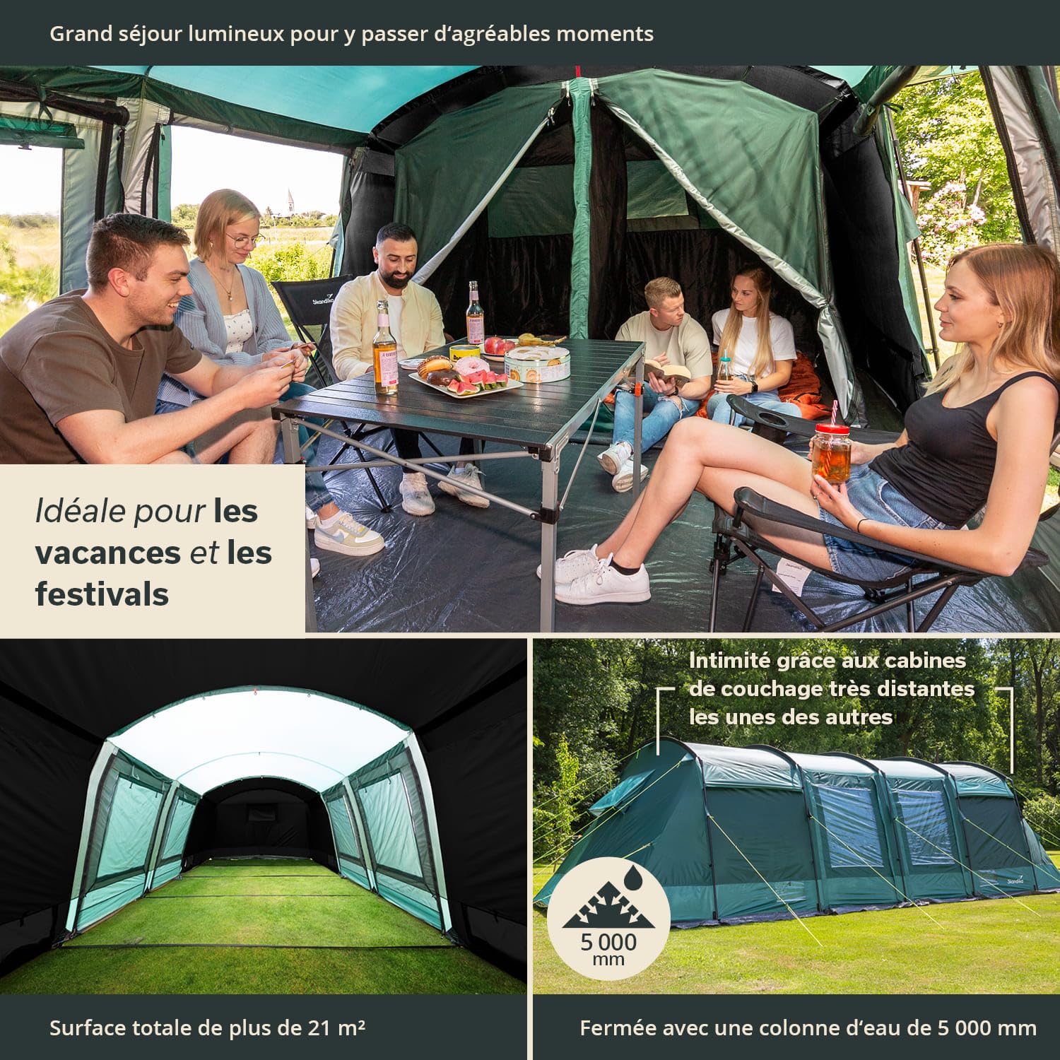 Skandika Tente Tunnel Montana 8 Personnes | Tente de Camping avec/sans Tapis de Sol Cousu, avec/sans Technologie Sleeper, 3-4 cabines de Couchage, Colonne d'eau 5000 mm