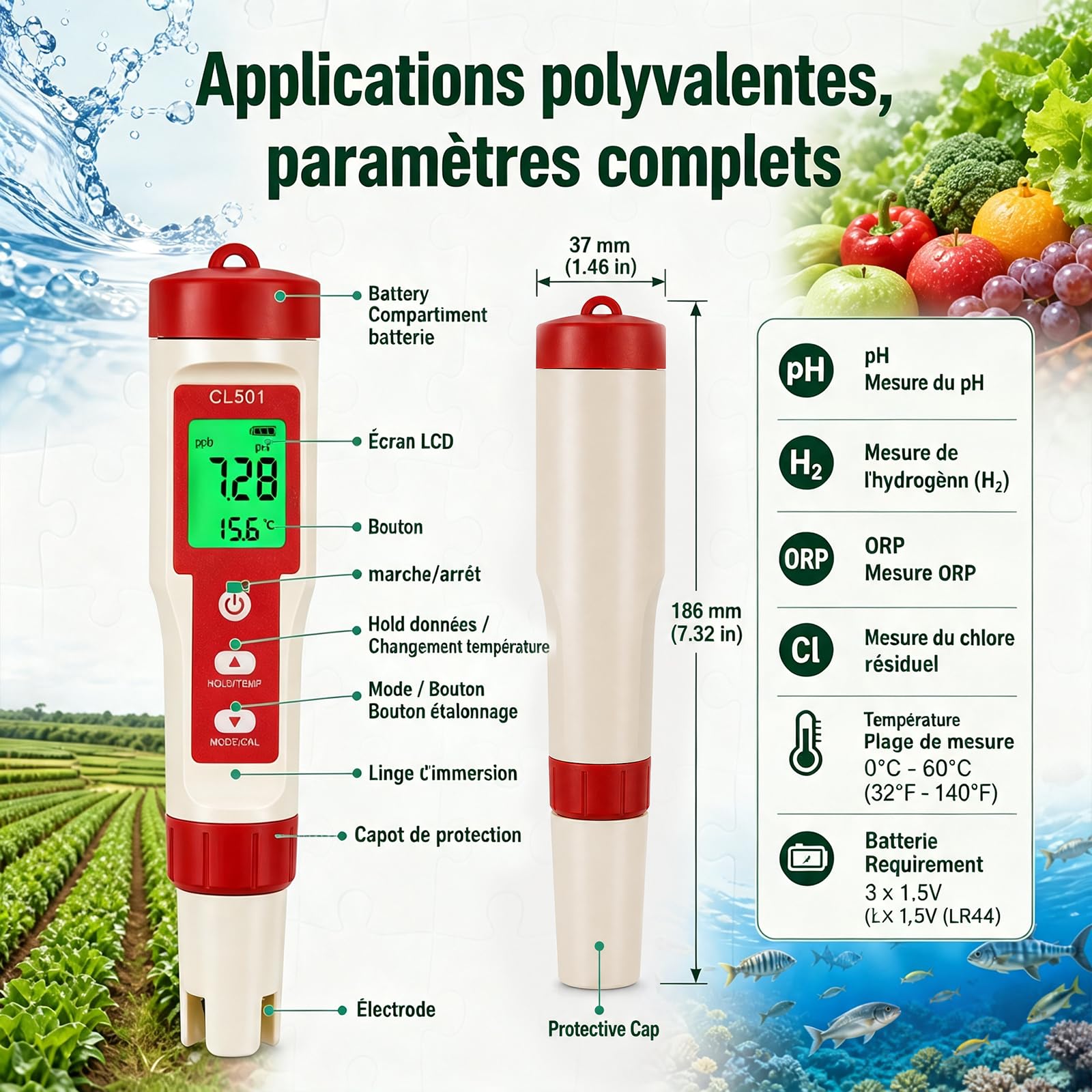 Testeur de pH et de chlore de piscine, testeur de pH numérique 5 en 1, pH chlore ORP H2 mesurable, testeur d'eau pour piscines, hydroponiques, aquariums, eau potable