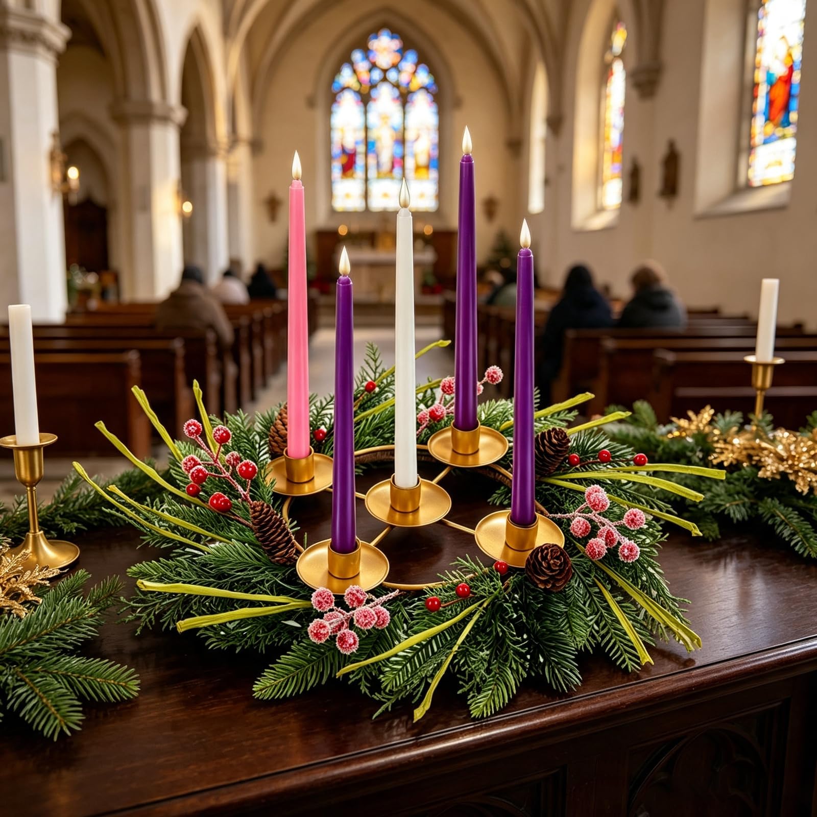 Lot de 6 couronnes de l'Avent de Noël avec 5 bougies artificielles sans