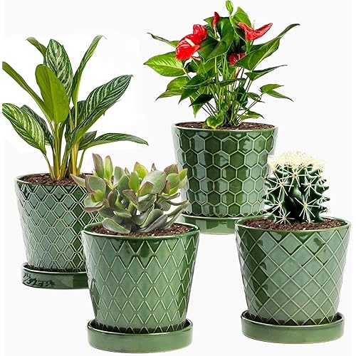 EFISPSS Flower Planter –5 inch Ceramic Plant Pots with Drainage Hole and Ceramic Tray - Gardening Home Desktop Office Windowsill Decoration Gift Set of 4 - Plants NOT Included