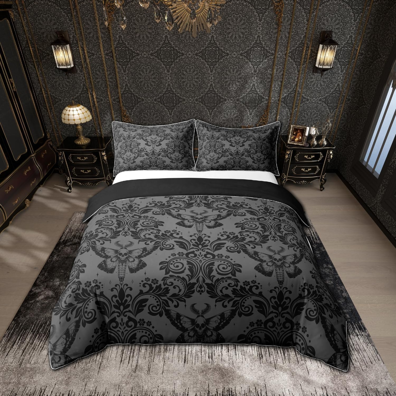 Housse de couette noire 200x200 lit gothique boho fleurs damas