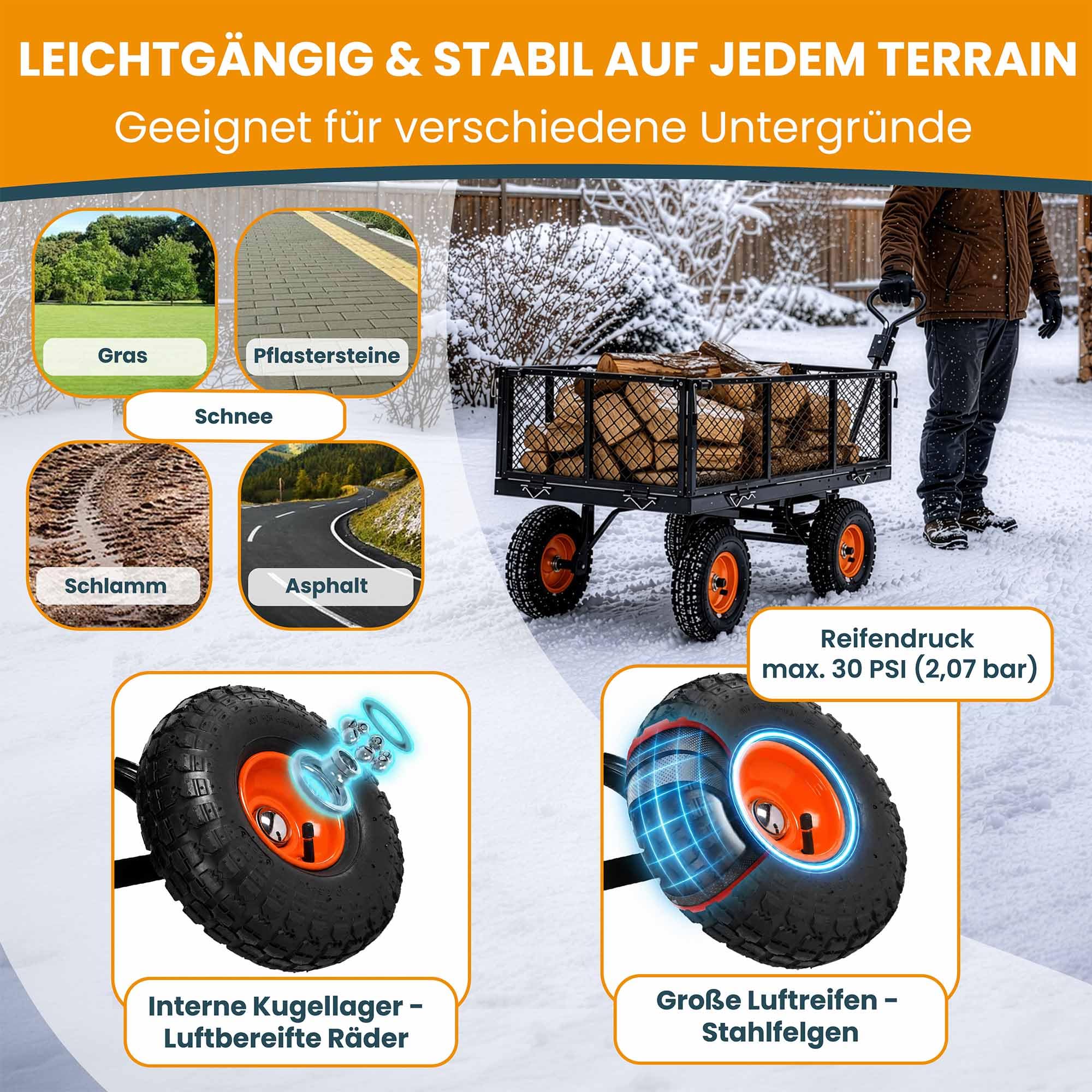 DreamRoots Gartenwagen Bollerwagen, 400 kg, 70 L, faltbar, Klein Schwarz | Transportwagen, Handwagen, 4 Luftreifen, abnehmbare Mesh-Seitenwände, Anhänger für Rasentraktoren