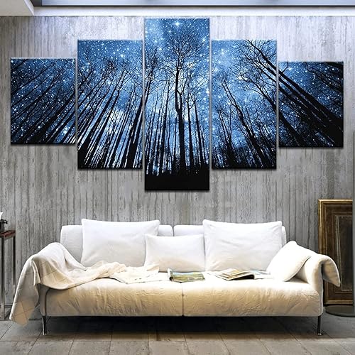 Miniatura 3 de 5 piezas de arte de pared en lienzo para sala de estar, bosque en noche estrellada, hermoso inicio, cielo, naturaleza, paisaje, pintura HD para