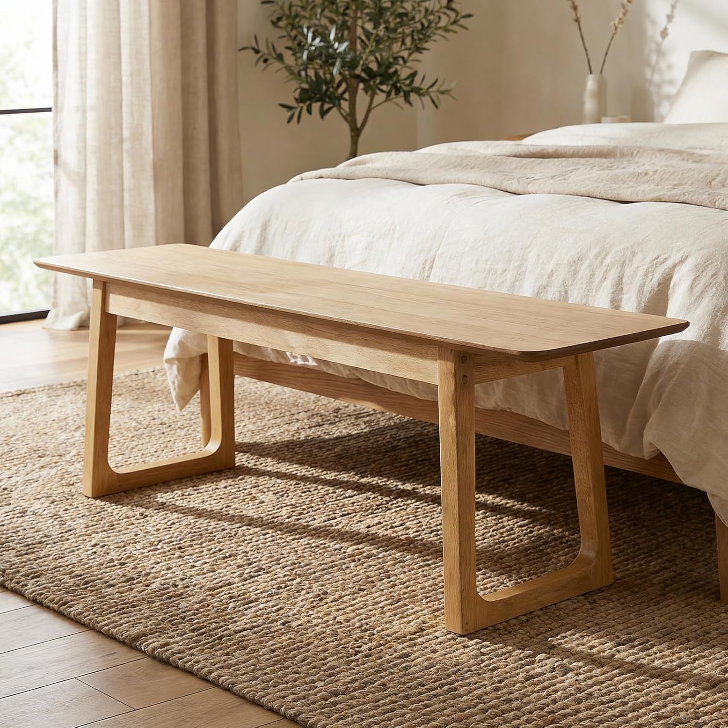 DUOMAY Farmhouse Entryway Bench, Wood Dining Bench, 55 Inch Rustic End of Bed Bench for Living Room/Kitchen/Hallway/Entry Way, Natural