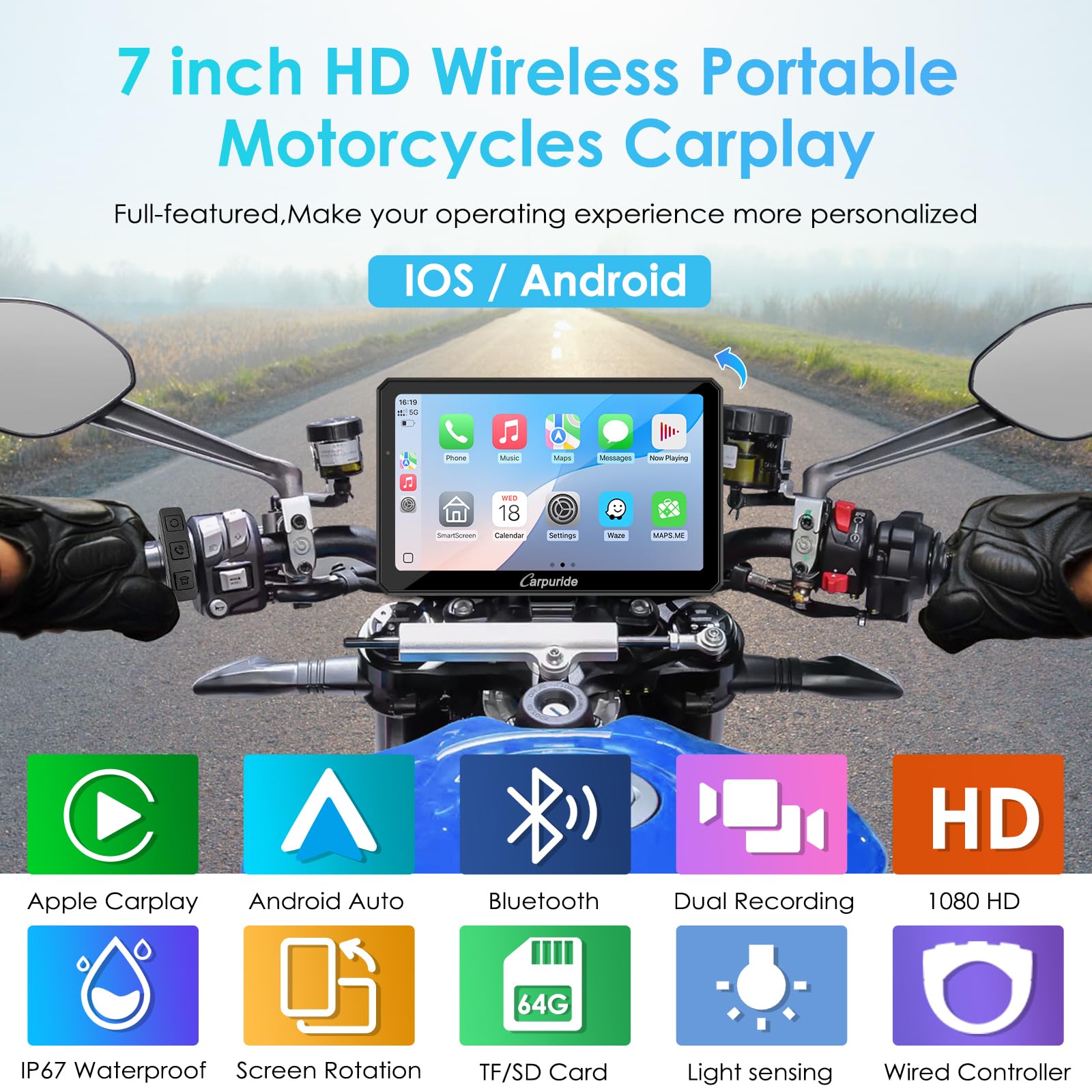 Carpuride W712D Motocicleta Carplay Pantalla con 1080P HD Dash CAM Duales Cámara, Inalámbrico CarPlay y Android Auto, 7" Pantalla Táctil Impermeable, BT, Cable Controlador, Grabación Bucle, GPS.