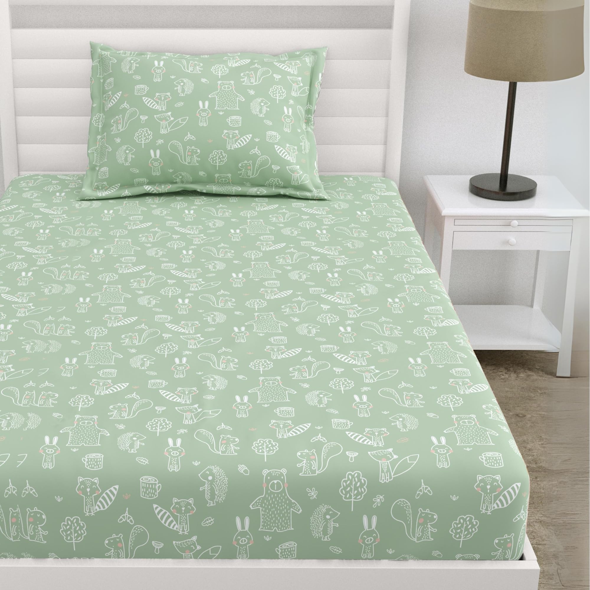 haus & kinder 100% Cotton 200TC Wrinkle Free Printed Single Fitted Bedsheet for Kids - 1 Pc Single Bed Elastic Fitted Bedsheet with 1 Pillow Cover, Cottage Core, Green, Washable, 198 X 91 X 30 CM