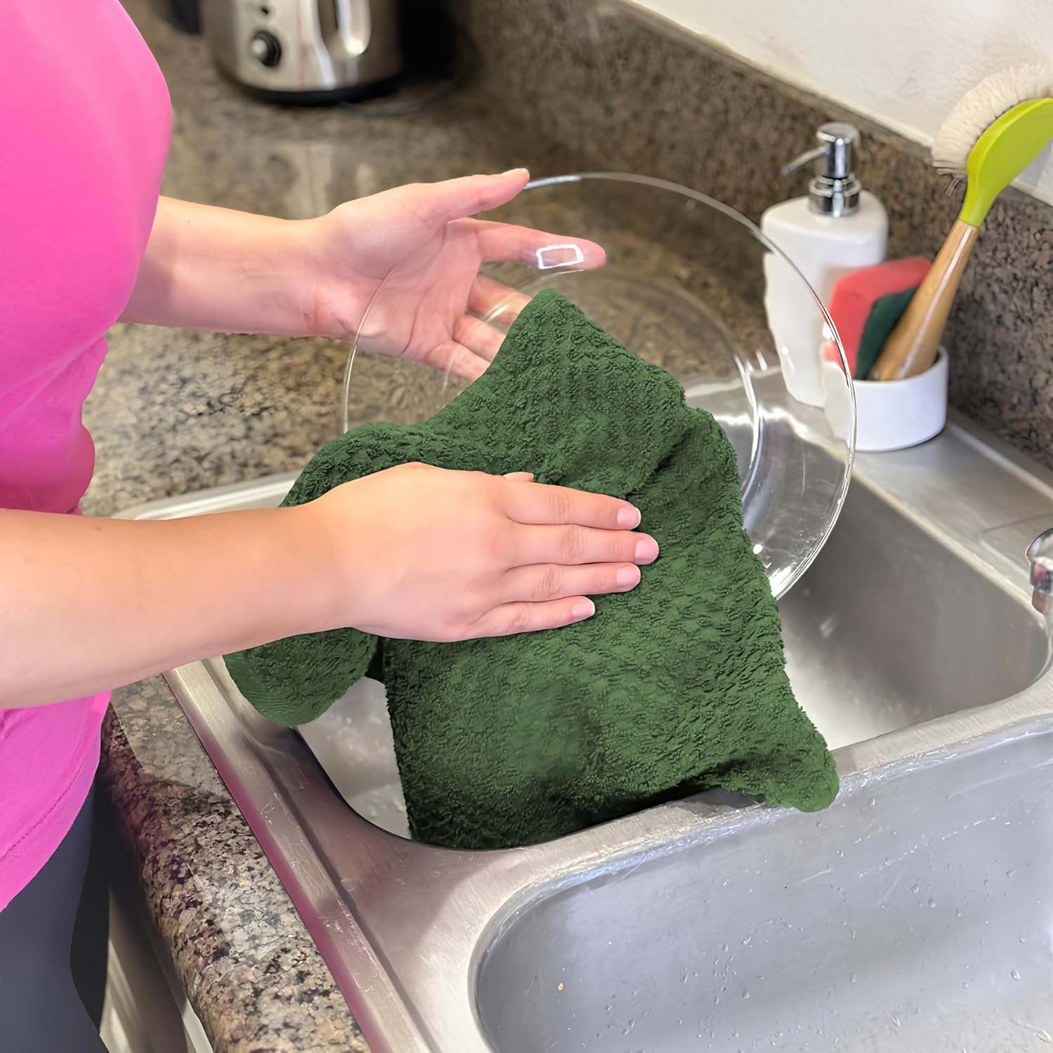 Infinitee Xclusives Premium Dish Cloth - Green [Pack of 4] 100% Cotton 13 x 13 Inches + 12 Pack Premium Green Wash Cloths and Face Towels, 13x13 100% Cotton, Soft and Absorbent Washcloths Set