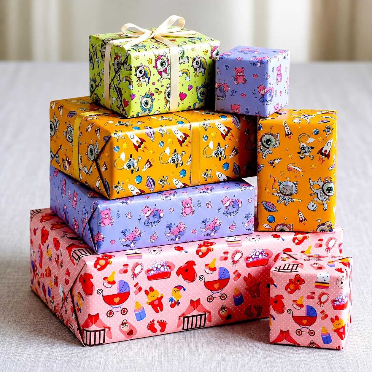 PartyBay Gift Wrap Paper Combo Set of 6 Sheets ( in three different designs) with Ribbons, Name Stickers, Star Foil Balloons & Gold Ribbon Roll | Birthday Gift Wrapping Paper for Kids | Premium Thick Wrapping Sheets for Boys & Girls-image-28