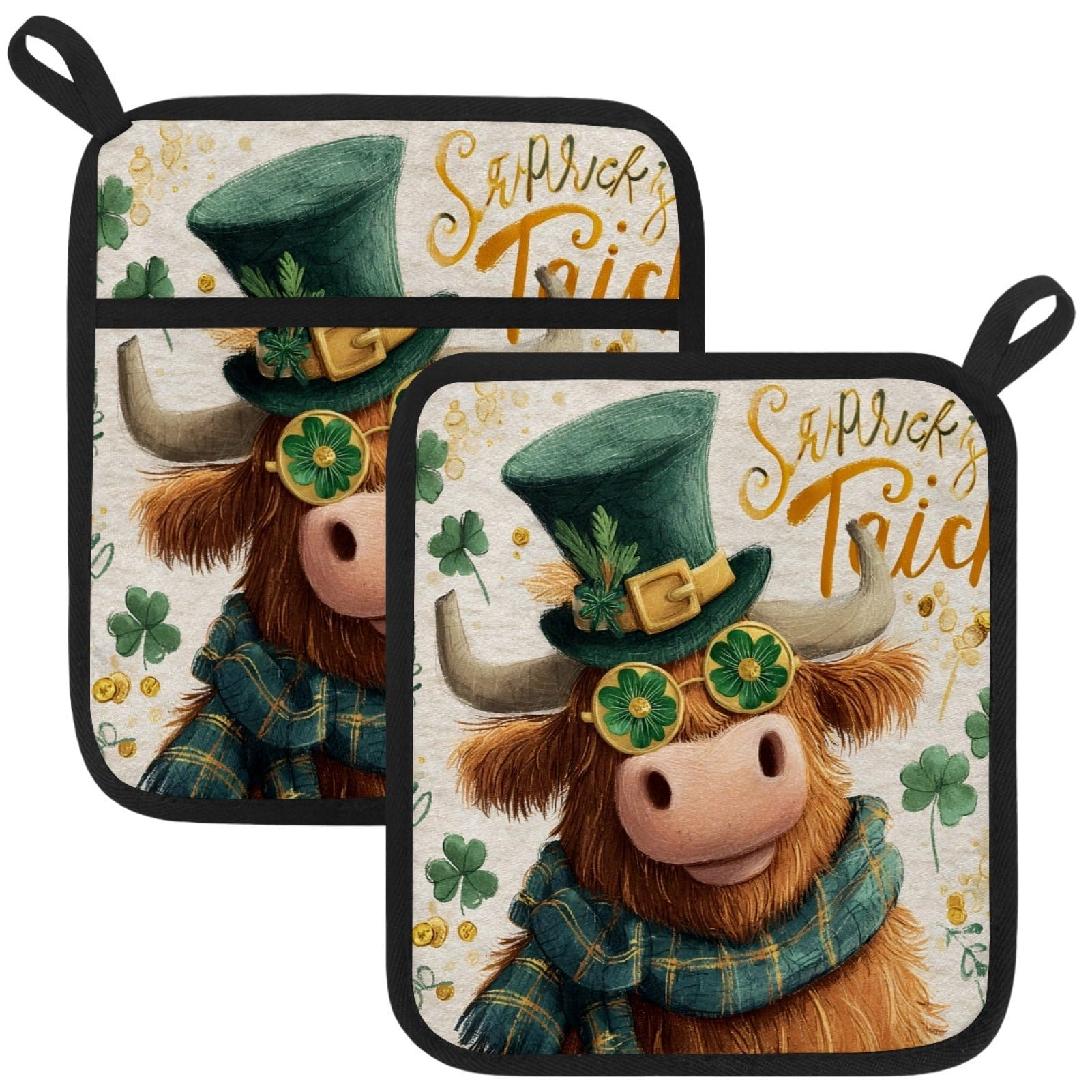 VAPOKF St. Patrick's Day Cow Heat Resistant Pot Holders, Thick Pot Holders Pad with Hanging Loop for Kitchen, Oven Cloth Pads for Kitchen Baking Microwave Oven