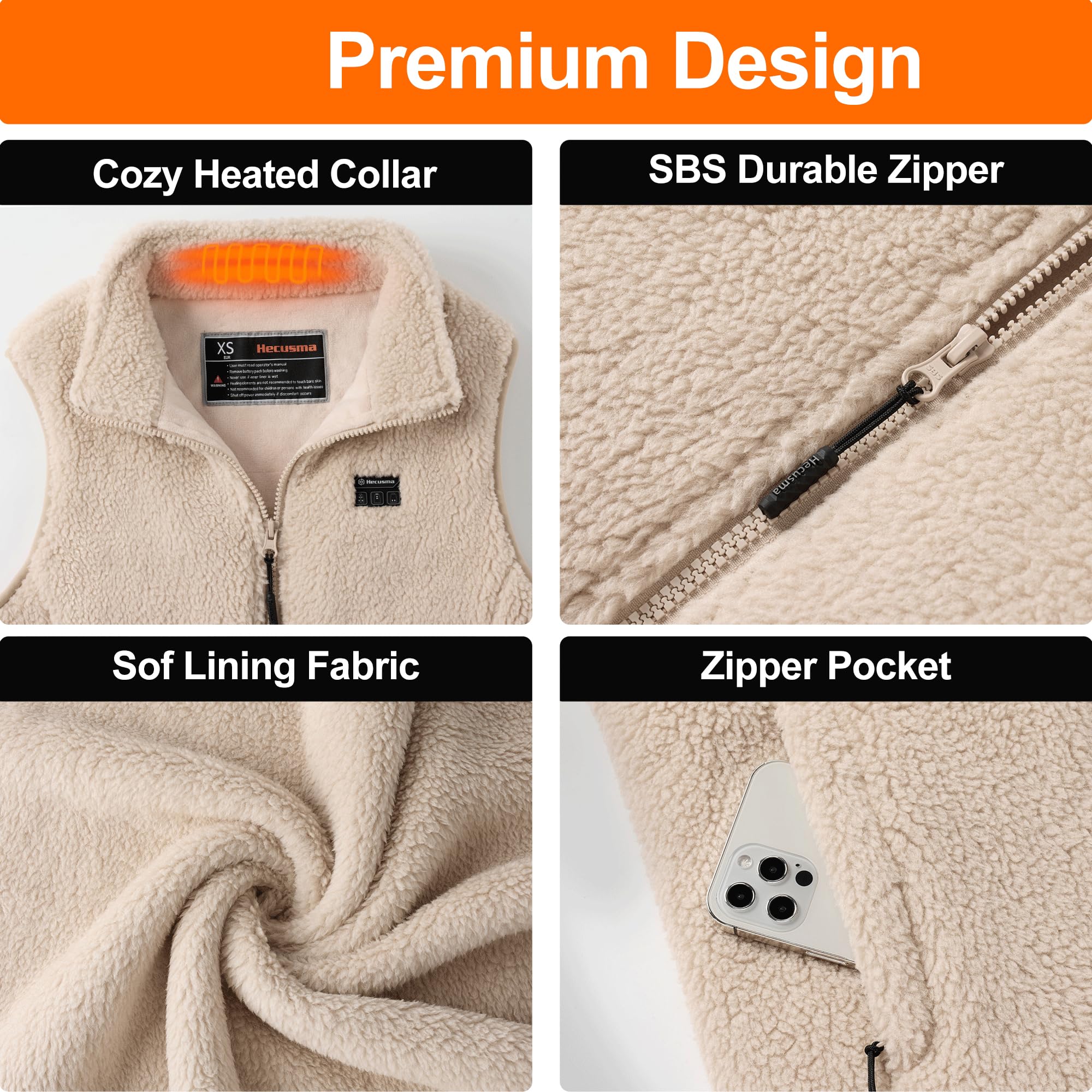 Khaki Flauschige Heizweste Damen mit 16000mAh 7.4V Powerbank inklusive, Sherpa Beheizte Weste Damen, Elektrische Fleece Wärmeweste für Outdoor-Ski-S