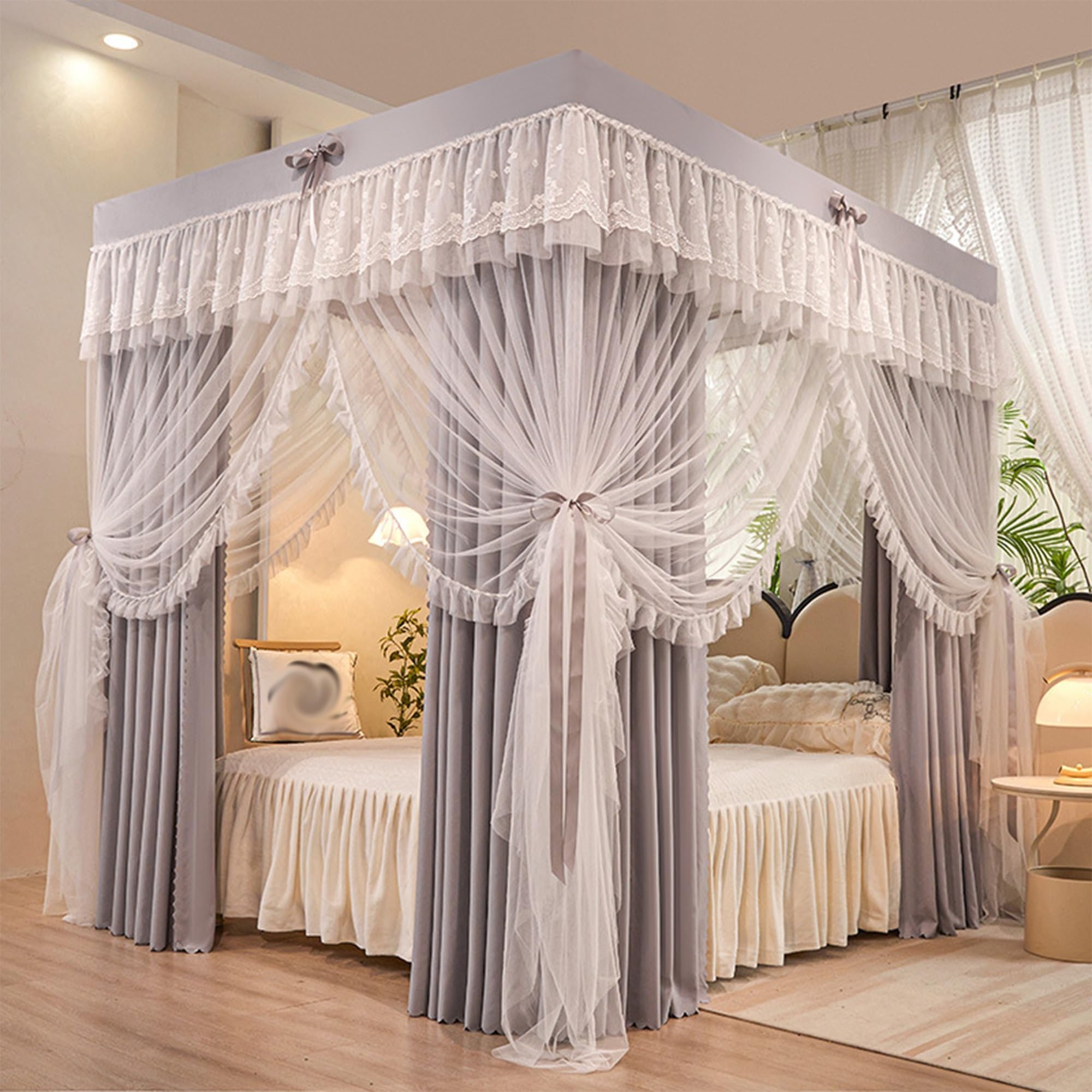 Lit Baldaquin Fille Princesse, Rideau De Lit Baldaquin Princesse avec Volants, 4 Ouvertures Moustiquaire Double Couche pour Chambre De Fille DéCoration Romantique,E,200 * 220cm* Without Stand