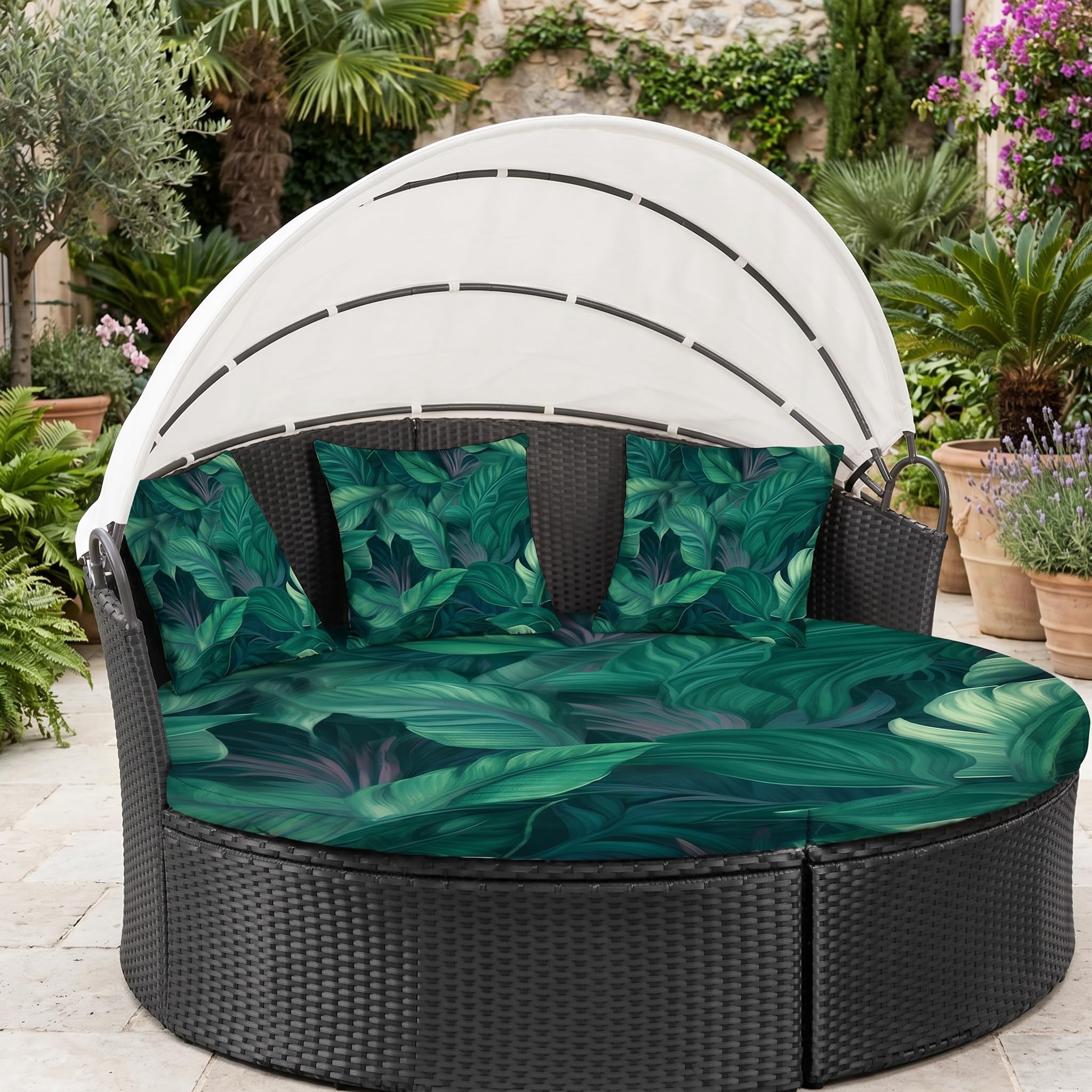 LiveGo Outdoor Daybed Cushion Cover, 66" Replacement Daybed Cover with Elastic Band, Sun Bed Cushion Cover, Outdoor Round Bed Cushion Covers (Leaves C, 1 Round Cover + 3 Pillow Covers) — image 1