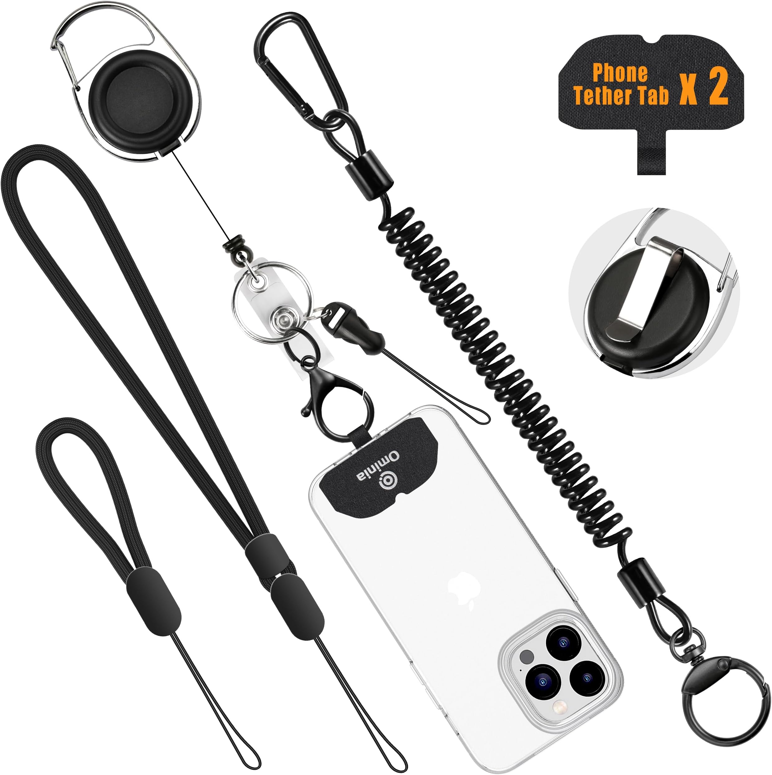 Ominia Theft and Drop Protection Phone Holder Set, Anti-Drop Travel Clip with Retractable Cord, Wrist and Finger Lanyard