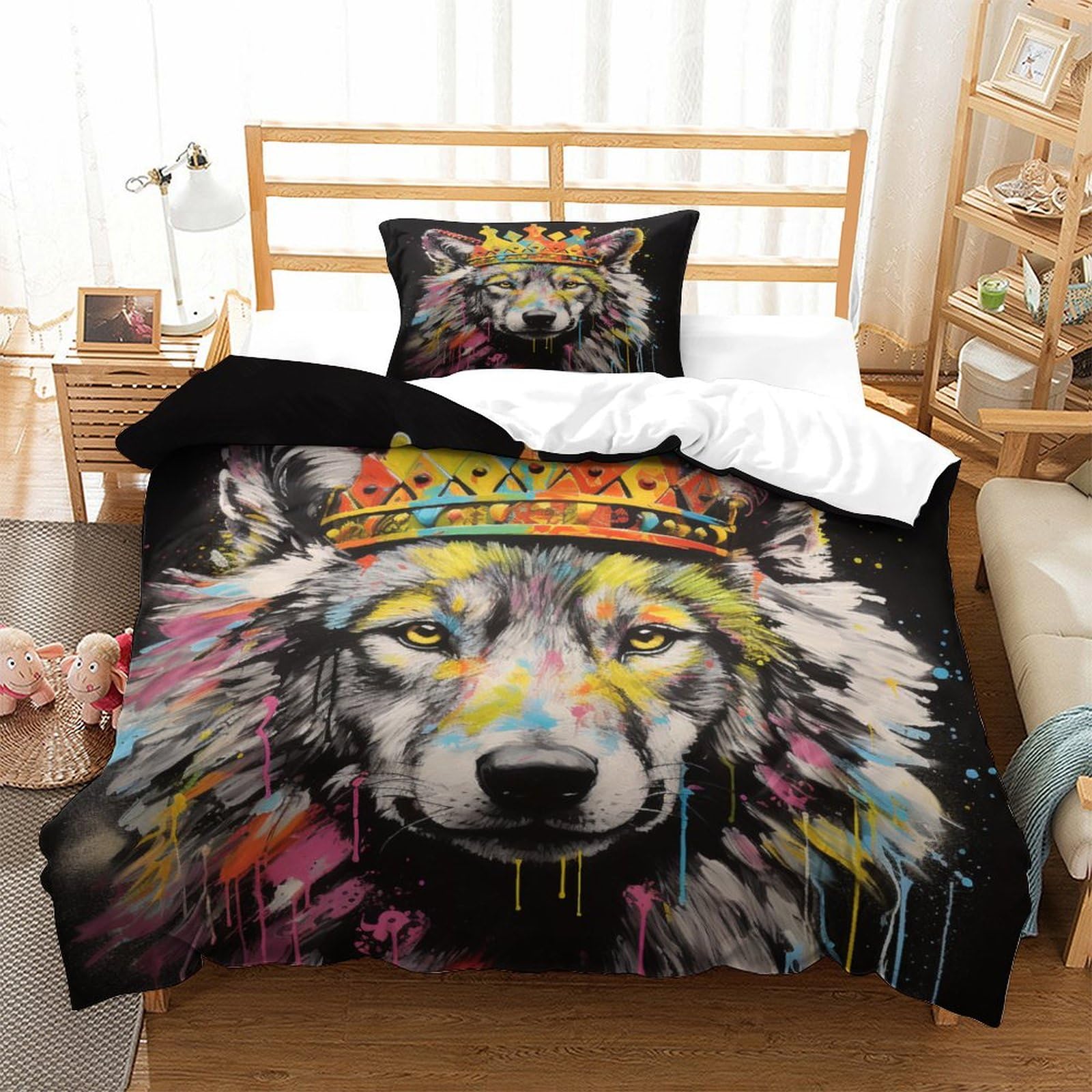 P1S9U7W5Y 3D Printed Colourful Wolf Duvet Cover Set 3pcs Microfiber King Wolf Bedding Set Single