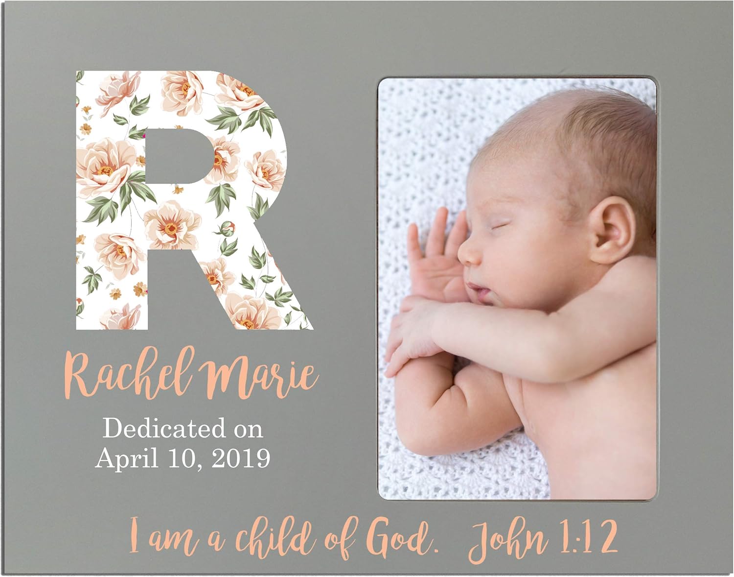 LifeSong Milestones Personalized Baby Birth Newborn Announcement Arrival Photo Frame with Stats Blessing For Child 8” x 10” Picture Frame Holds 4” x 6” Photo I Am A (Scripture Grey)