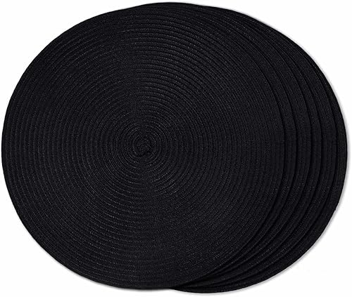FunWheat Juego de 6 manteles individuales redondos trenzados para mesas de comedor, manteles tejidos resistentes al calor, 15 pulgadas (negro, 6