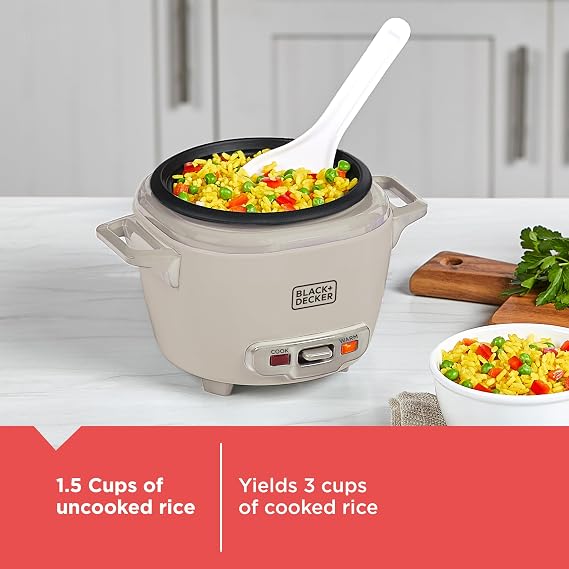 BLACK+DECKER 3-Cup Cooked (1.5 Cups Uncooked) Rice Cooker, Removable Nonstick Bowl, One-Touch Operation, Baked Stone