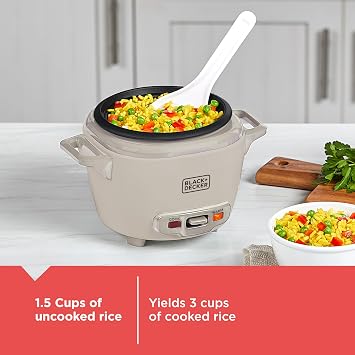 BLACK+DECKER 3-Cup Cooked (1.5 Cups Uncooked) Rice Cooker, Removable Nonstick Bowl, One-Touch Operation, Baked Stone