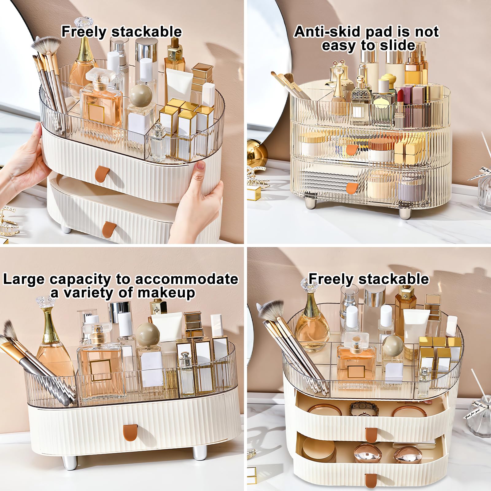 DASITON Organizer Trucchi con Cassetti, Porta Pennelli Make Up Impilabili Make Up Organizer per Cosmetici, Porta Trucchi Organizer da Bagno, Organizzatore Trucchi Rossetto Gioielli (Trasparente-Crema)