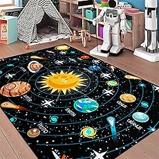 Outer Space Rug for Boys - 2'×3' Galaxy Carpet for Boys Room Cute Cartoon Universe Planet Area Rug Satellite Rockets Kids Baby Polyester Crystal Floor Mat Kids Play Carpet for Children Bedroom