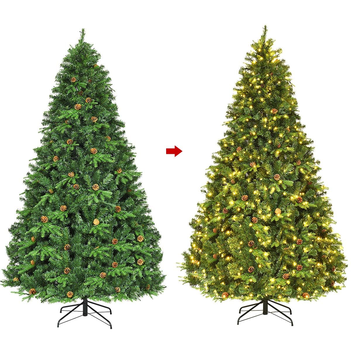 COSTWAY Árbol de Navidad Artificial Verde 240cm, Arbol de Navidad con 600 Luces Incorporadas Soporte de Metal, 81 Conos de Pino, PVC y PE, Arvore de Natal Hogar Fiesta Interior (240CM)