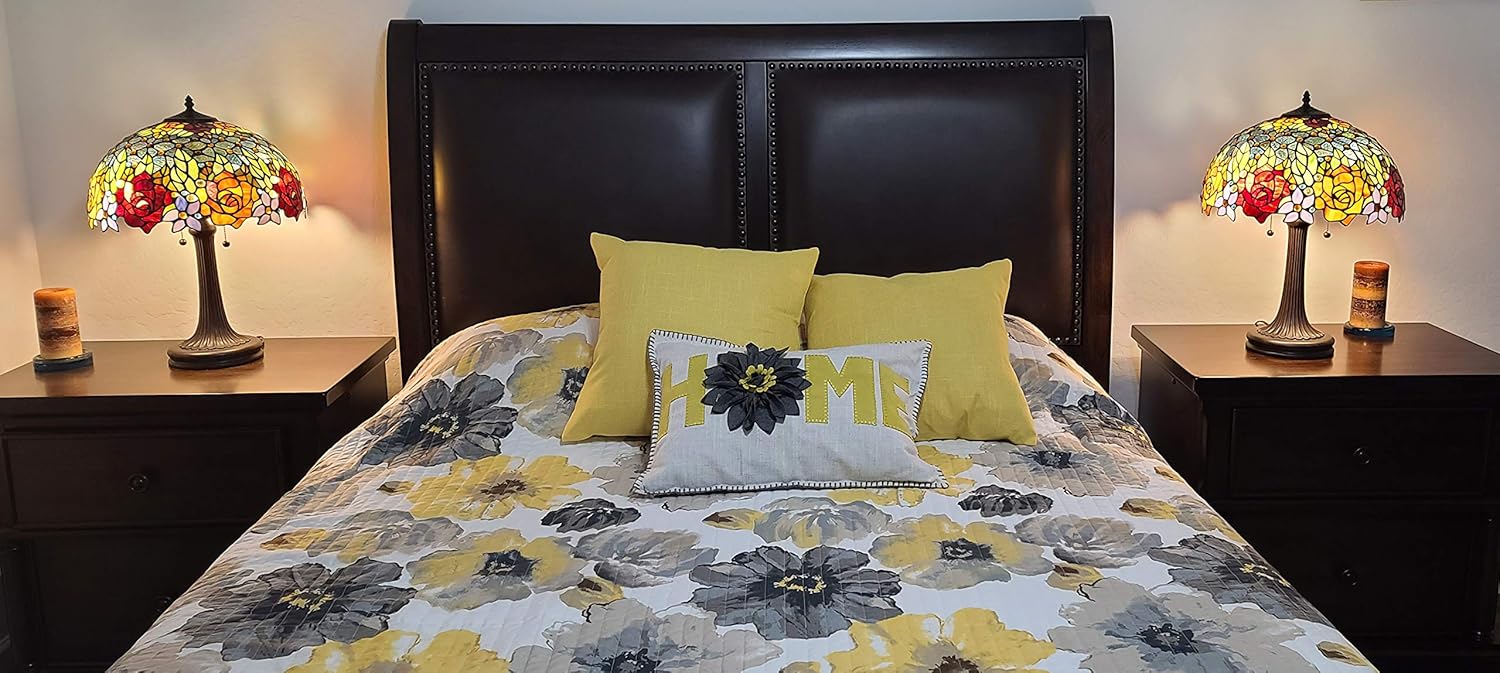 Tiffany Style Table Lamp Banker 23" Tall Stained Glass Red Yellow Rose Floral Vintage Antique Light Décor Nightstand Living Room Bedroom Office Handmade Gift AM1534TL16B Amora Lighting