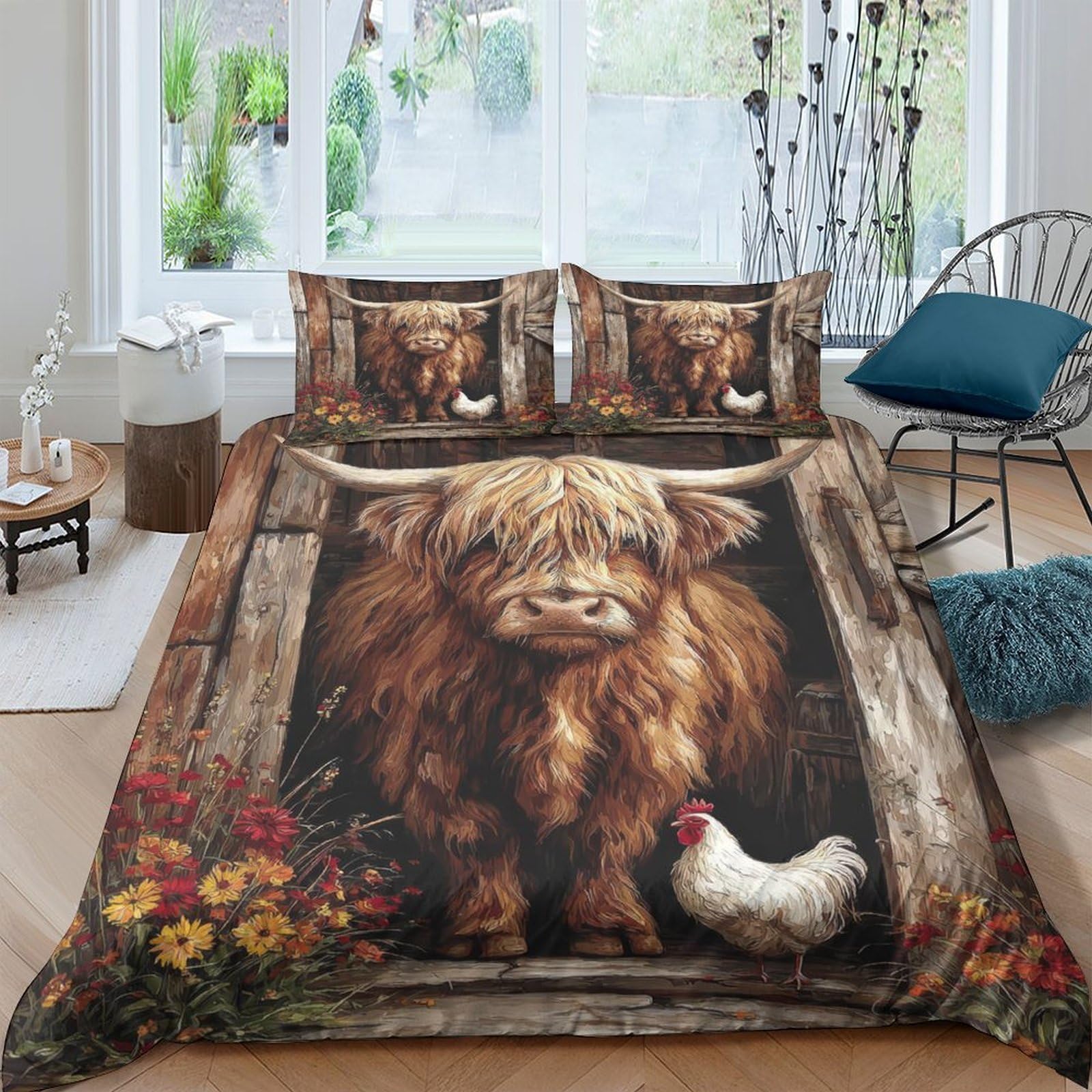 Ctjqhvkz Style-4 3D Printed Highland Cow Fitted Sheet Microfiber Soft Farmhouse Chicken Mattress Cover For Bedroom Dorm Decor Single（135X200cm）