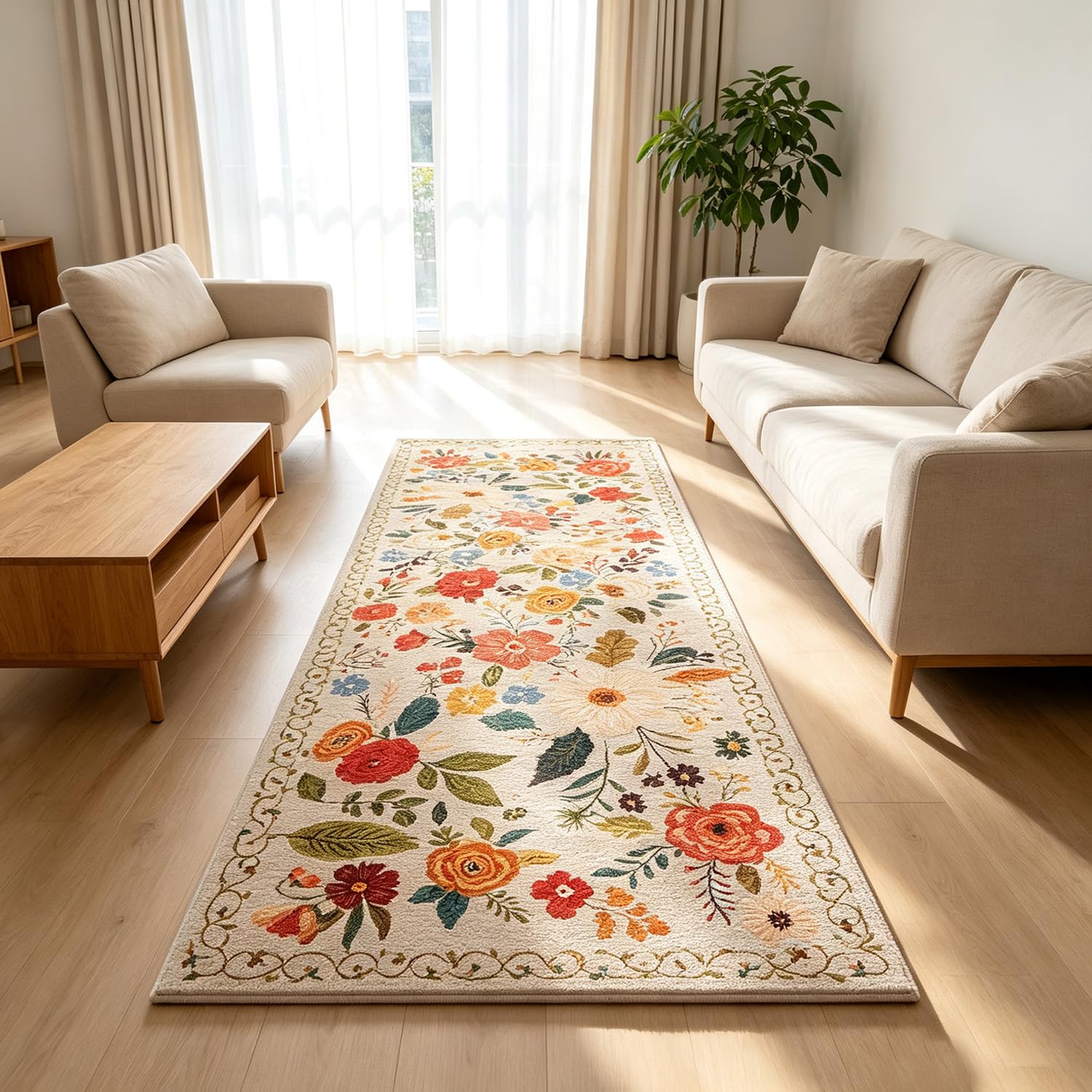 Senaire Runner Rugs for Hallway 60X180Cm Machine Washable Door Mat Non Slip Long Floral Carpet Runners Rug for Hallway Entryway Bedroom Bedside Kitchen Living Room Laundry Lounge Office (Khaki)
