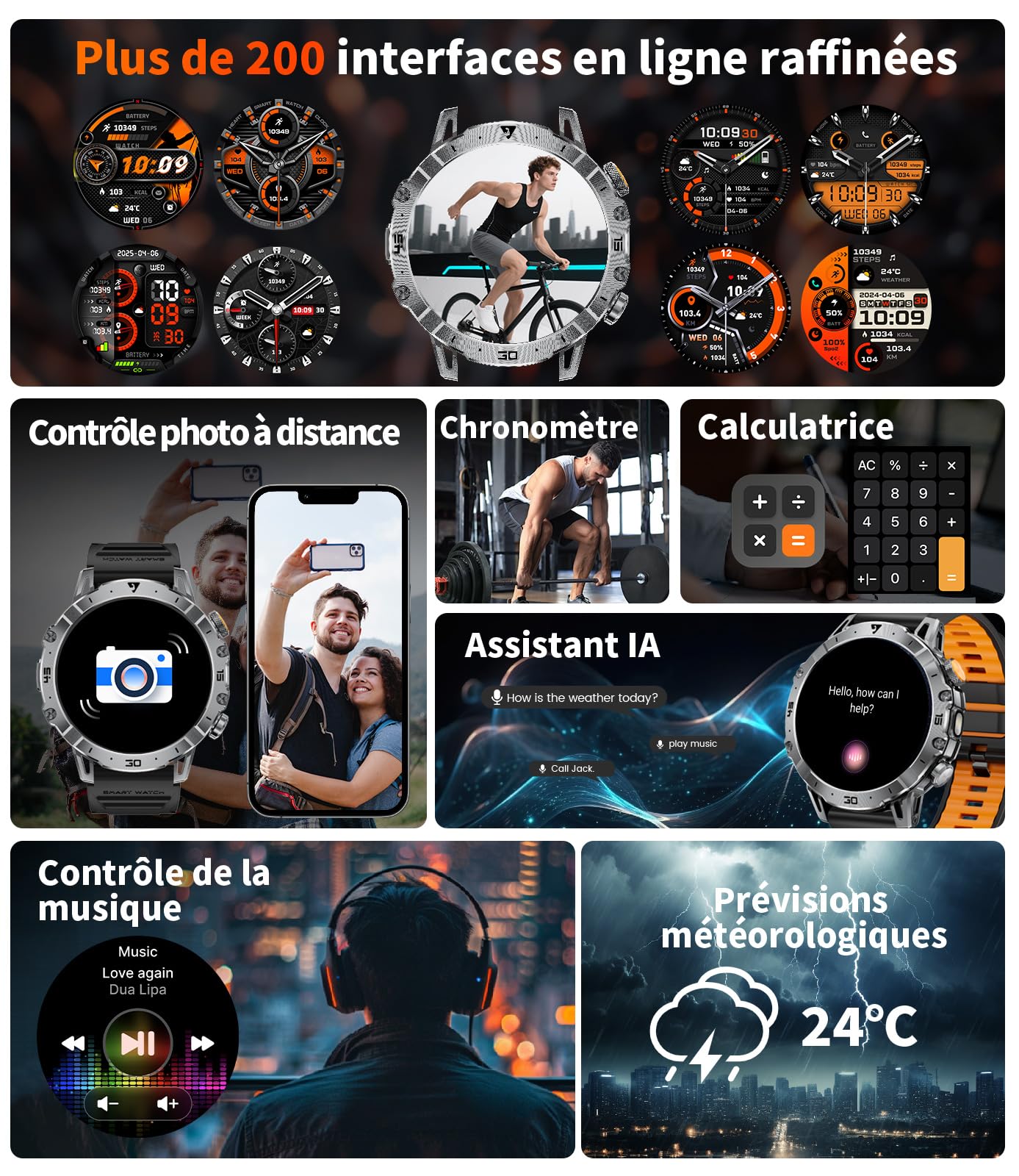 Montre Connectée Homme Militaire, 1.7'' Smartwatch avec 1000mAh, 3 Bracelets + 2 Chargeurs, Appel Bluetooth, LED Lampe, 110+ Modes Sportifs/IP68, Surveillance Cardiaque/Sommeil, Android/iOS EF18-A
