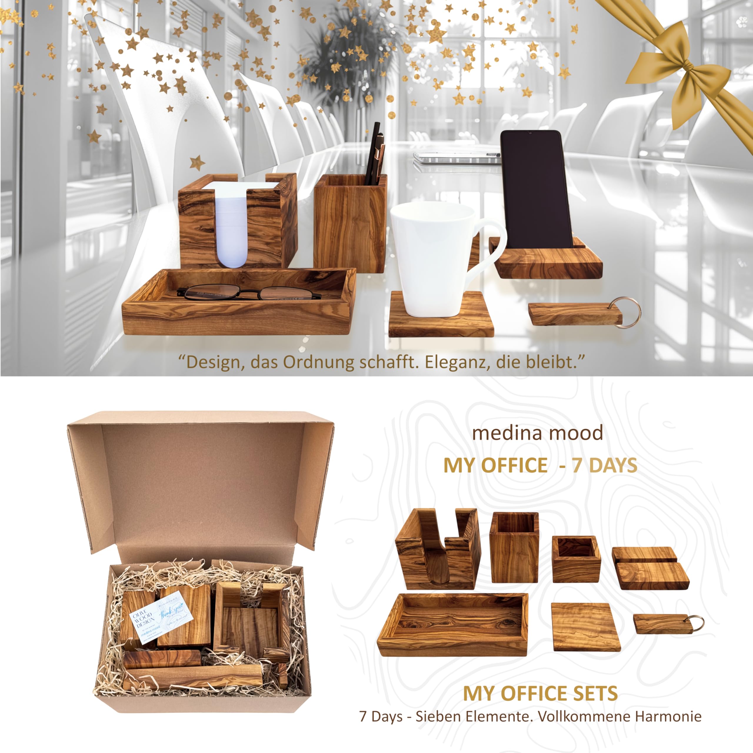 Set scrivania in legno d'ulivo "My Office – 7 Days" – Organizer da 7 pezzi per organizzare il posto di lavoro