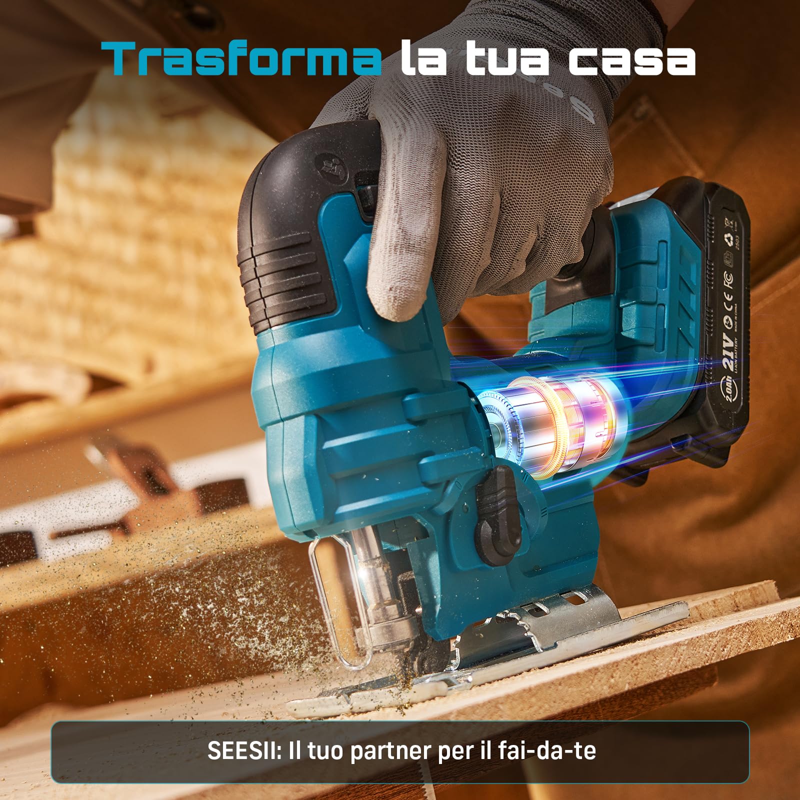 Seesii Sierra de Calar sin Cable 21V, Sierra de Calar Eléctrica con 2× 2.0Ah Baterías, 2800RPM Velocidad Variable para Cortar Madera, Cortes Biselados 0°-45°, Luz LED, 4 Ajustes Orbitales
