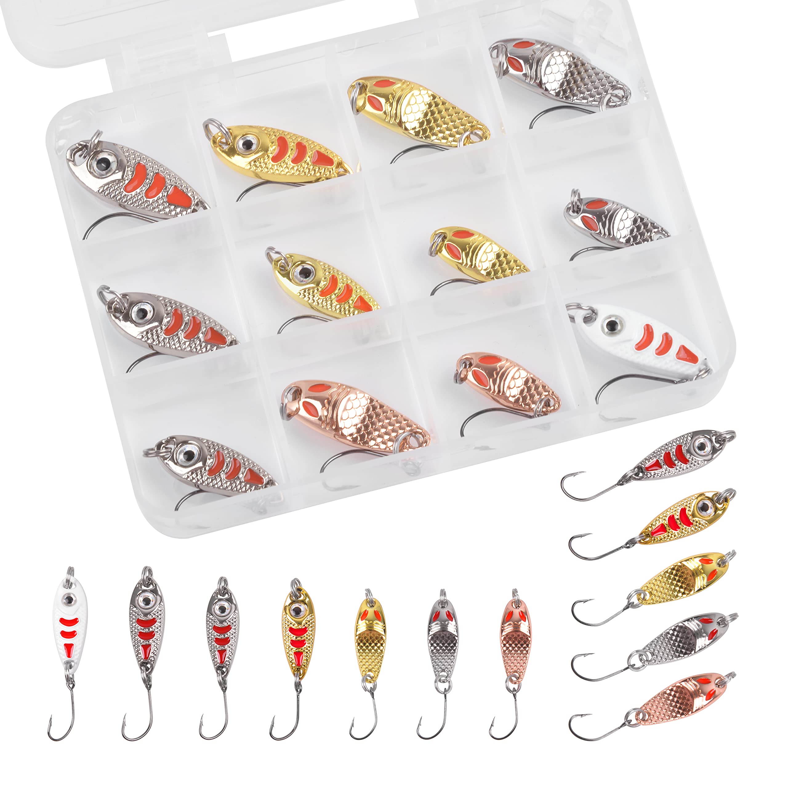Trout Fishing Spoon Lure Kit, 12pcs Trout Lure Single Hook Hard Metal Spinner Baits Fishing Jig Spoon Lures for Bass Char Crappie Perch