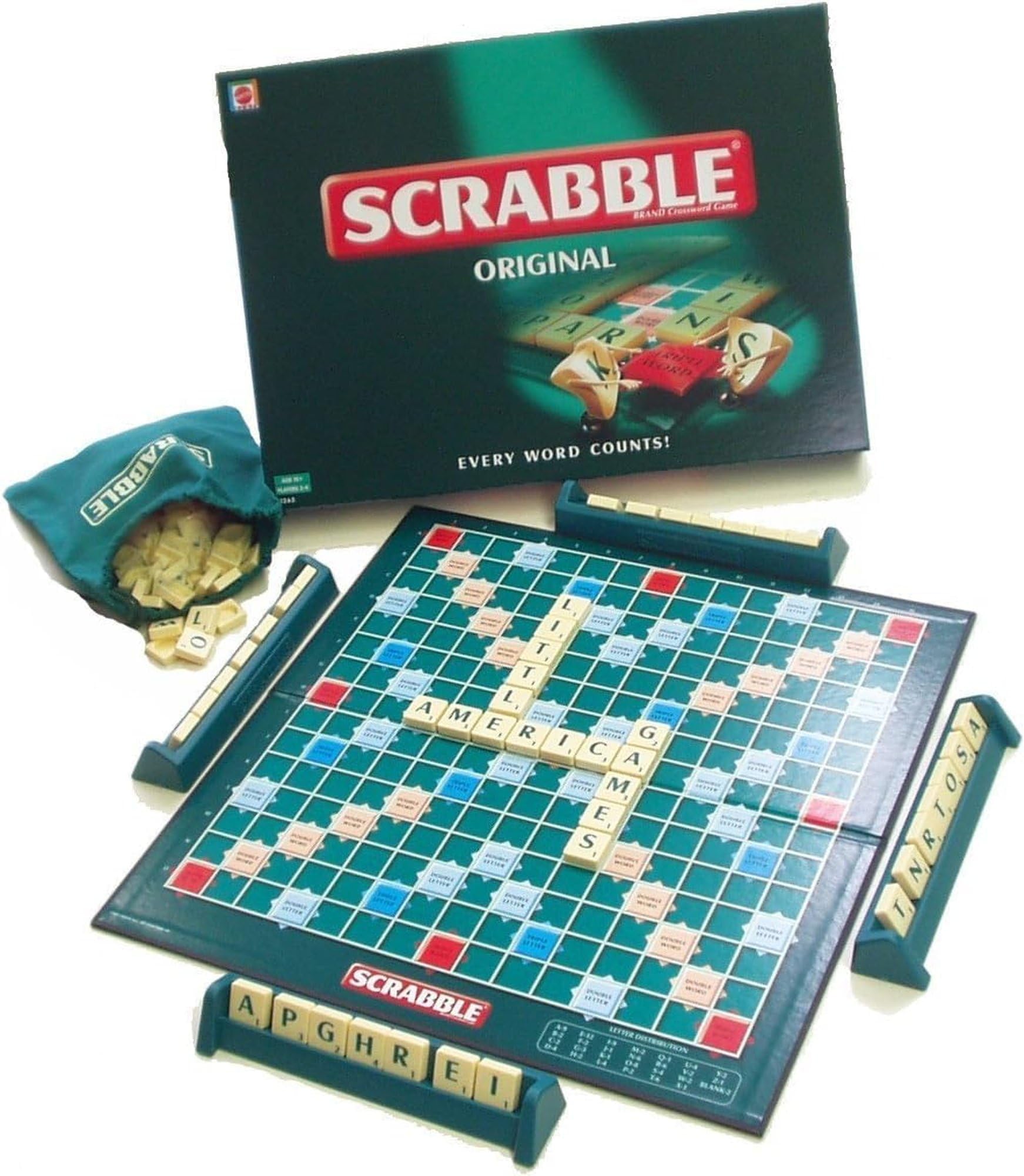 Scrabble Board Game - Fun for 2-4 Players with 120 Letter Tiles, 4 Racks, Instructions - Educational Word Game for Kids 10+