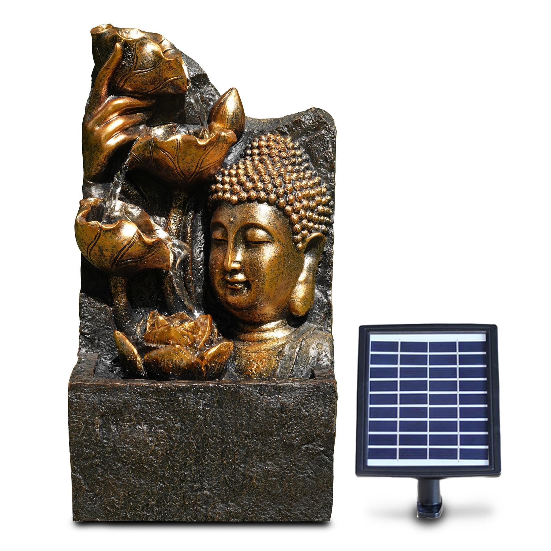 GEEZY Solar Water Features for the Garden – Outdoor Buddha Head Fountain with LED Lights – Solar Powered, Self-Contained – Easy Setup, Cascading & Tranquil – Ideal for Garden, Patio & Balcony Decor
