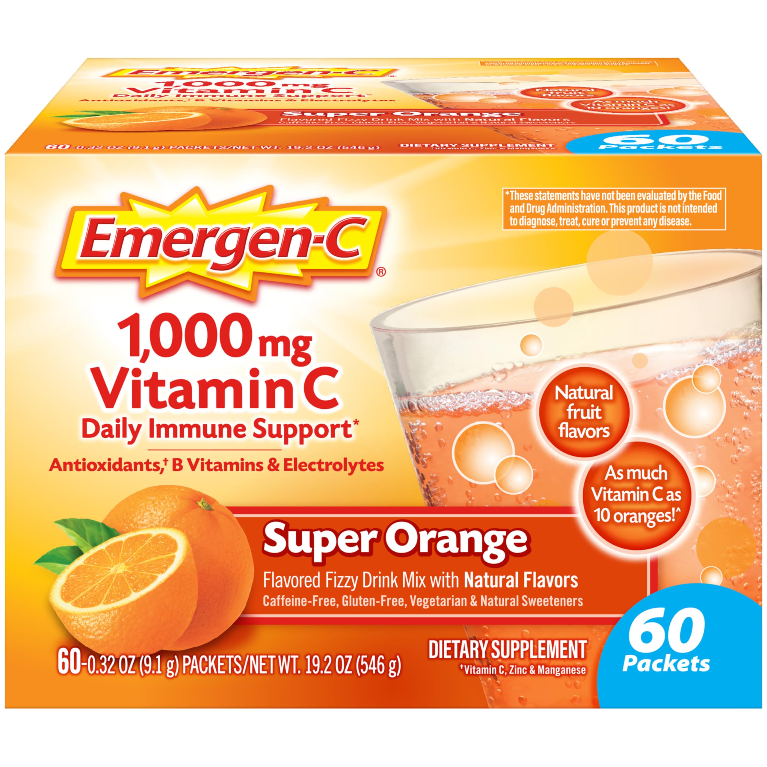 Emergen-C1000mg Vitamin C Powder for Daily Immune Support Caffeine Free Vitamin C Supplements with Zinc and Manganese, B Vitamins and Electrolytes, Super Orange Flavor - 60 Count/2 Month Supply