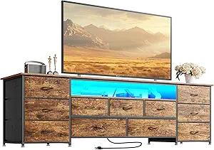 Huuger 70 Inch TV Stand for 75, 80 Inch TV, 11 Drawer Long Dresser with Power Outlets and LED Lights, Entertainment Center with Storage, Rustic Brown Dresser with PU Leather Surface