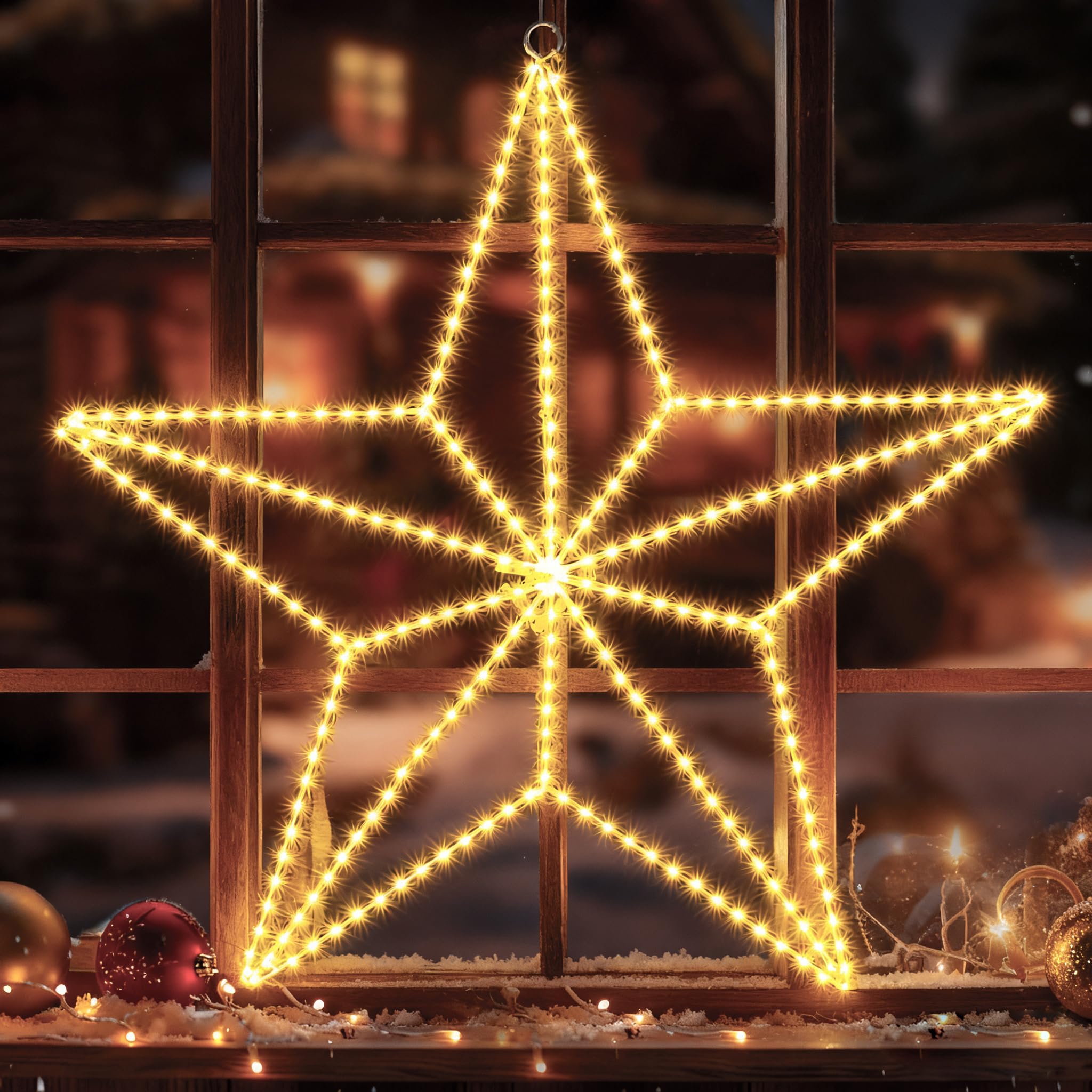 GlobaLink LED Weihnachtsdeko Fenster - 3D Fünfspitzstern Eisenleuchten mit Stecker (Netzbetrieb), 282 Warmweiß-LEDs, Faltbar, Indoor/Outdoor für Schlafzimmer, Weihnachtsfeier & Außenbereich