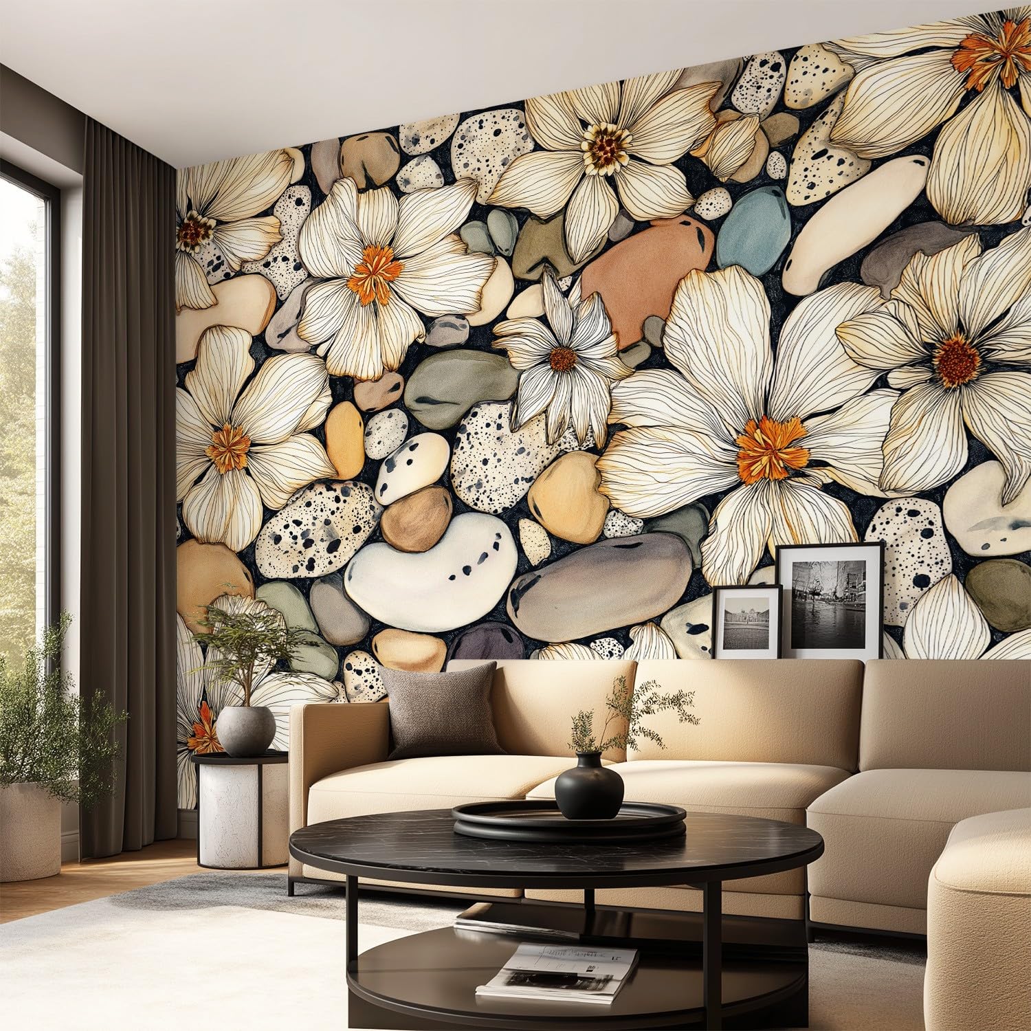 Panoramiczna niestandardowa tapeta 3D mural japoński, elegancki, wyciszony wzór, kwiatowy, kamień, dekoracja botaniczna plakat obraz projekt murale sztuka ścienna do sypialni pokoju nastolatka
