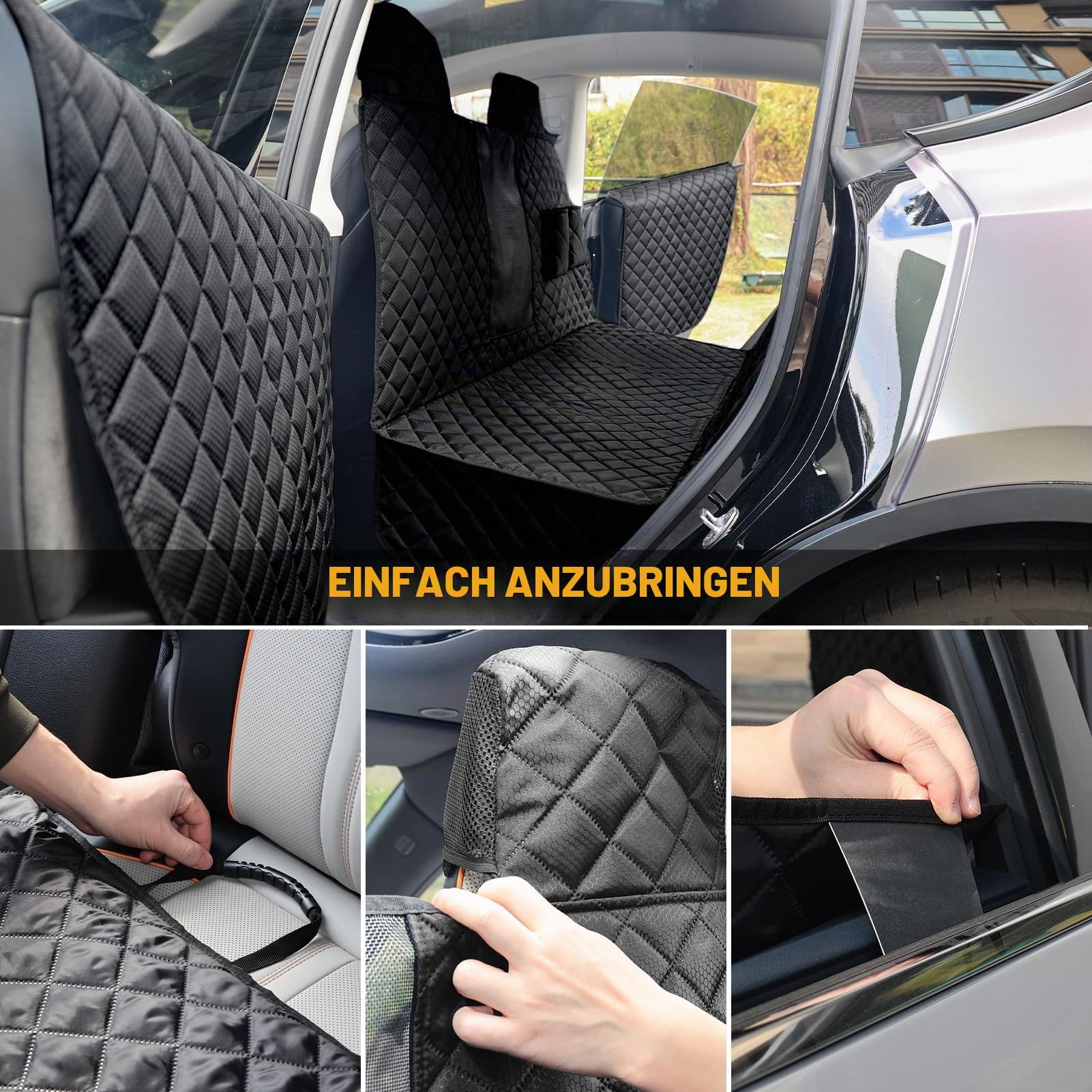 PETICON Hundesitzbezüge für Tesla Model 3 & Y Rücksitz mit 2 Pack Türschoner, 100% wasserdichte Hundehängematte für Tesla mit Netzfenster & Kopfstützenschutz verhindert Kratzer und Schrammen
