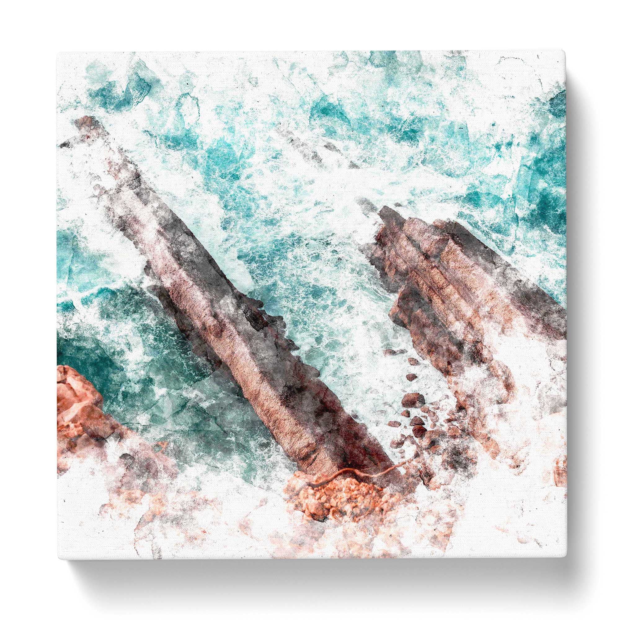 Waves Crashing at Cabo Espichel in Portugal Watercolour Canvas Print, Mixed, 35L x 35W cm - Image 3