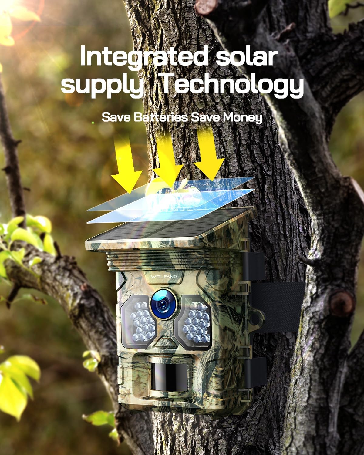 WOLFANG WT02 Trail Camera mounted on a tree, showing solar charging