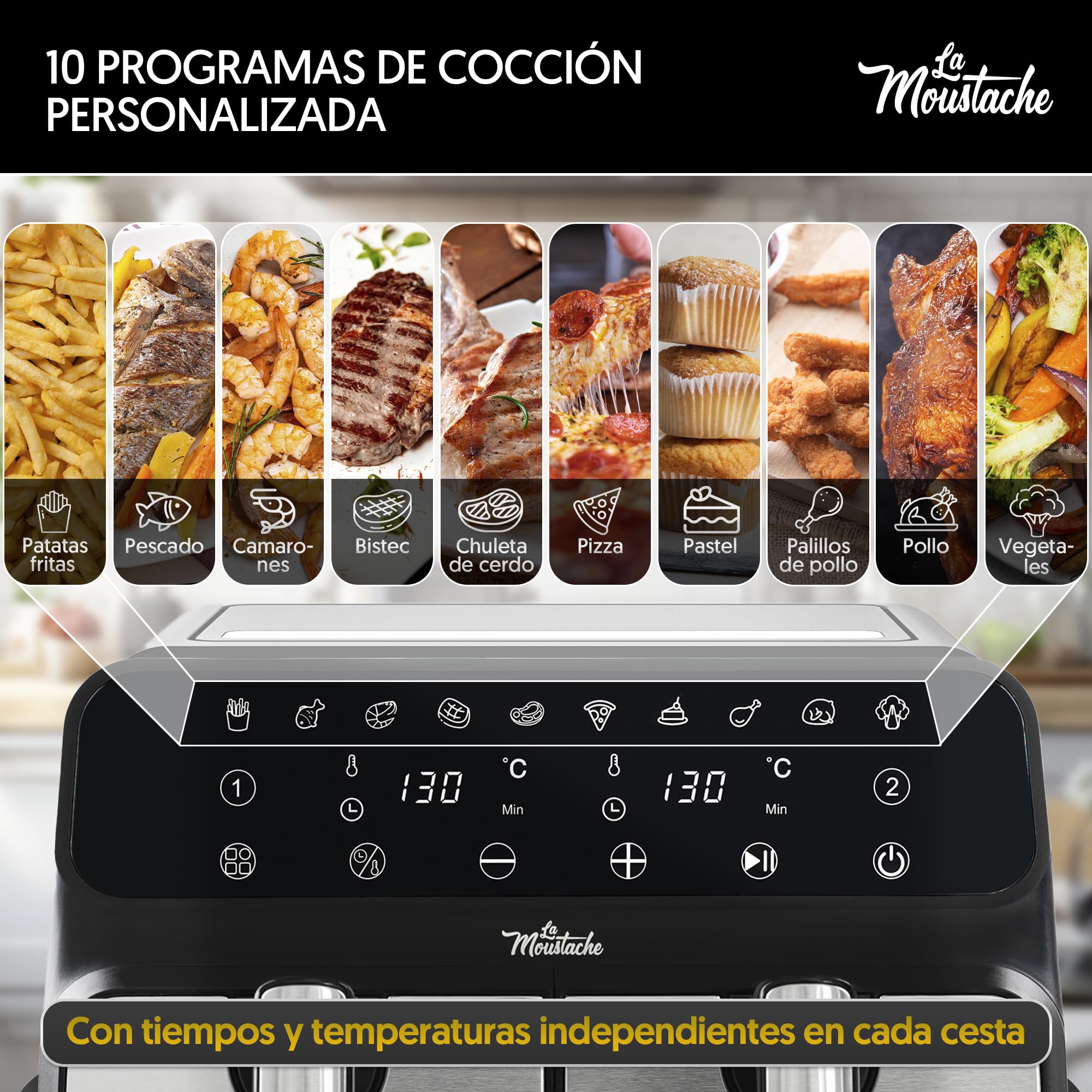 La Moustache - Freidora de Aire sin Aceite 8L con Doble Cesta, 2 Cestas Independientes de 4L, Air Fryer 6 en 1, 1700W, 10 Modos, 60-200 °C, Apta para Lavavajillas (DuoFry Gray)