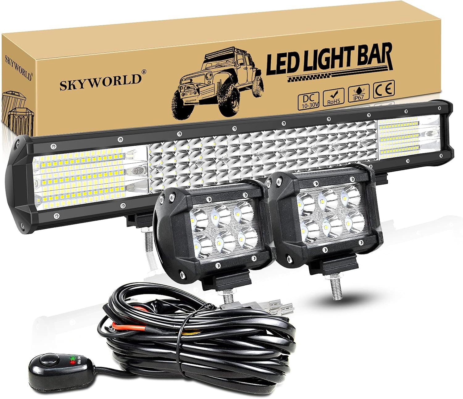 SKYWORLD Quad Row 20 inch 510W LED Light Bar IP67 Waterproof Off Road Led Bar Flood Spot Combo Beam for Truck ATV 4x4 + 2 x 18W 4 inch Spot LED Pods Work Light with Wiring Harness Kit