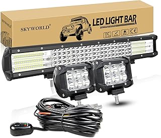 SKYWORLD Quad Row 20 inch 510W LED Light Bar IP67 Waterproof Off Road Led Bar Flood Spot Combo Beam for Truck ATV 4x4 + 2 x 18W 4 inch Spot LED Pods Work Light with Wiring Harness Kit