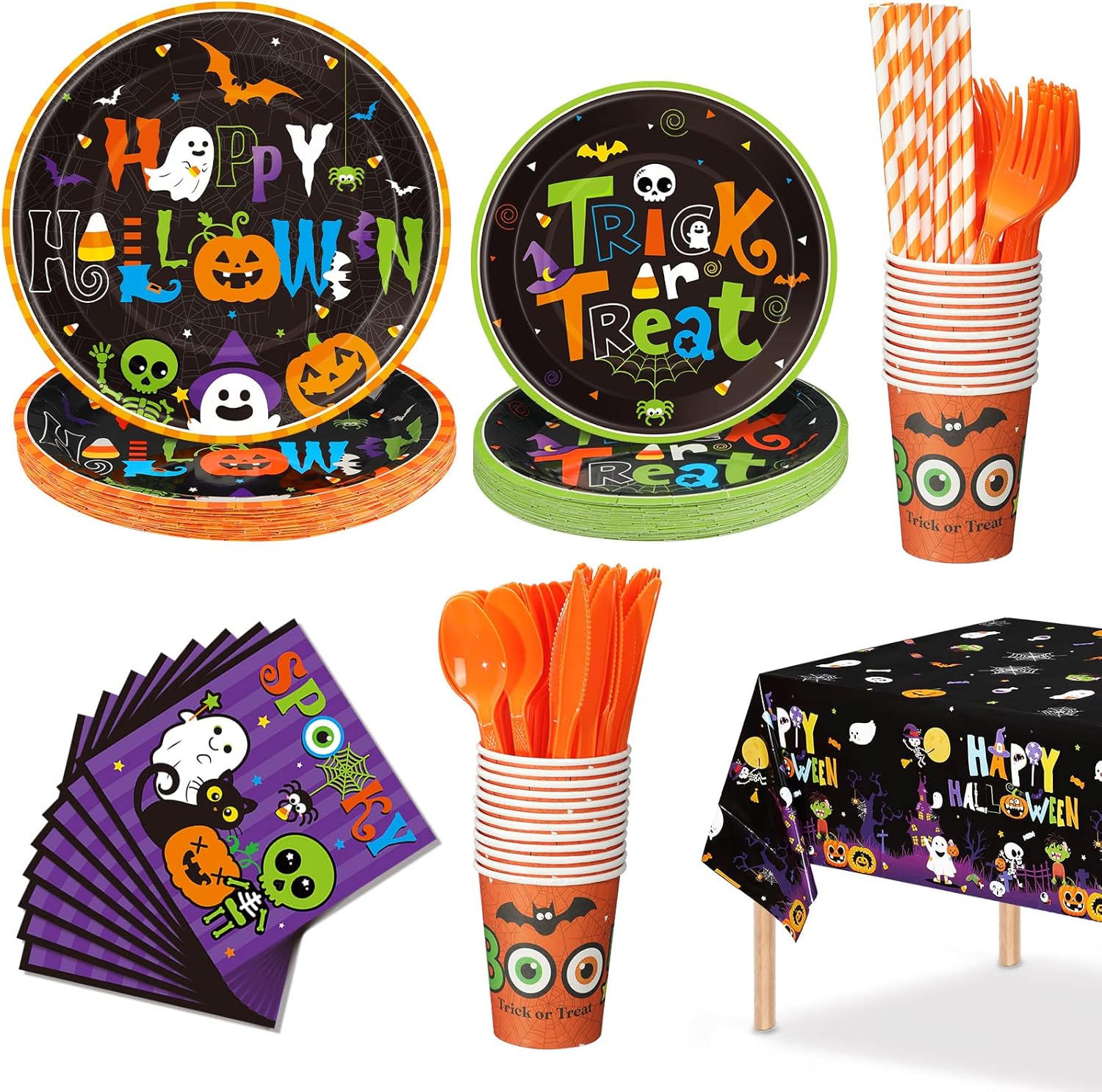194 Pieces Halloween Party Supplies Tableware Set,Paper Dessert Plates Cups and Napkins Plastic Tablecloth Disposable Straws Knives Forks for Happy Halloween Holiday Party Decorations