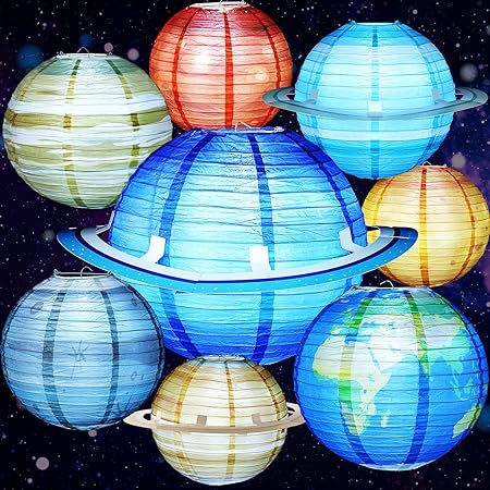 Space Paper Lanterns with LED Lights, Hanging Galaxy Planets Decor, 8 Pcs Solar System Lanterns for Classroom, Science, Kids Room Ceiling, Astronaut Birthday, Outer Space Party Decorations, 11.8 Inch