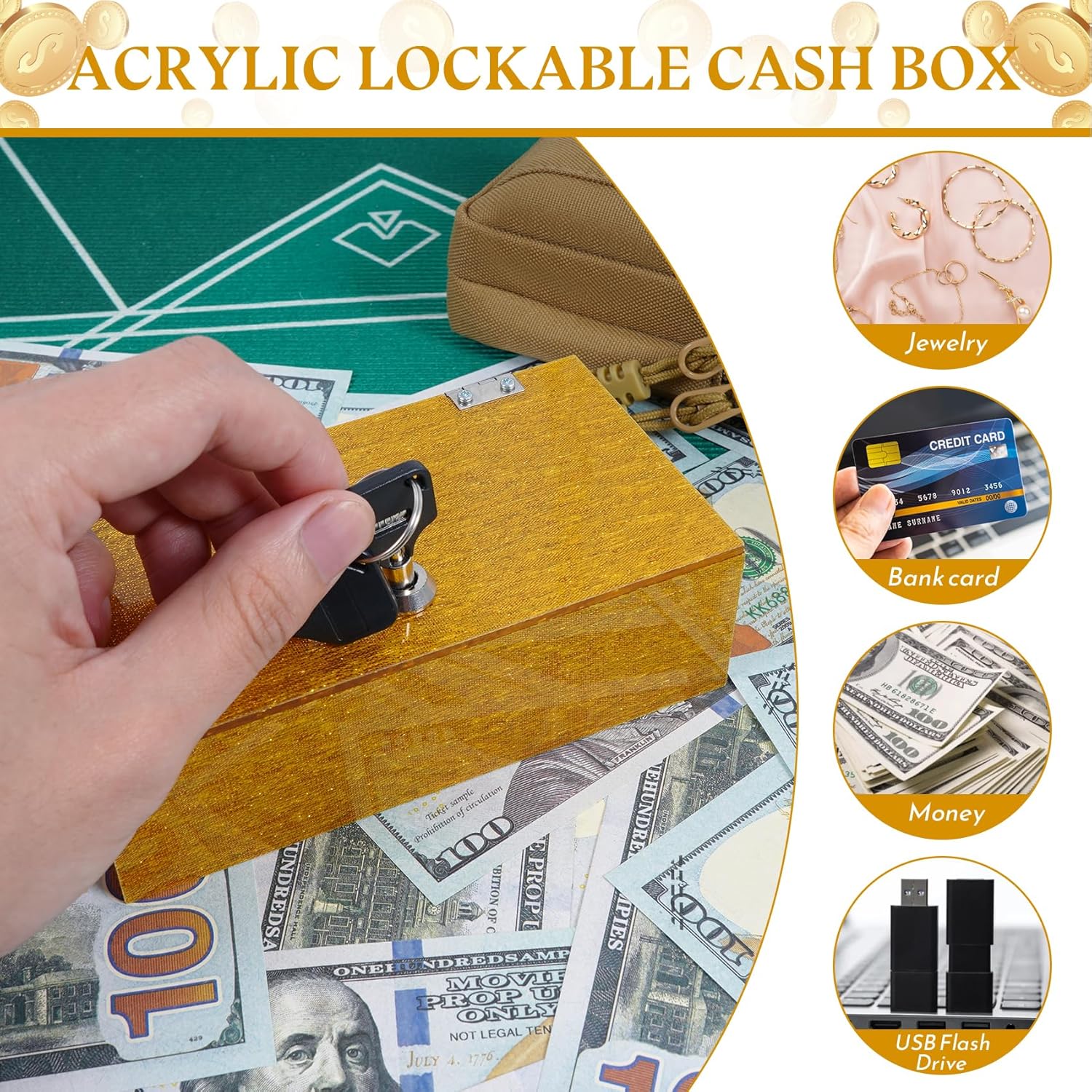 Acrylic Cash Box for Gambler 2 Pack Large and Small,Shimmering Gold Winners Bank with Keys, Slot, Storage Bag, Waist Bag, Portable Casino Money Organizer Safe Lock Box