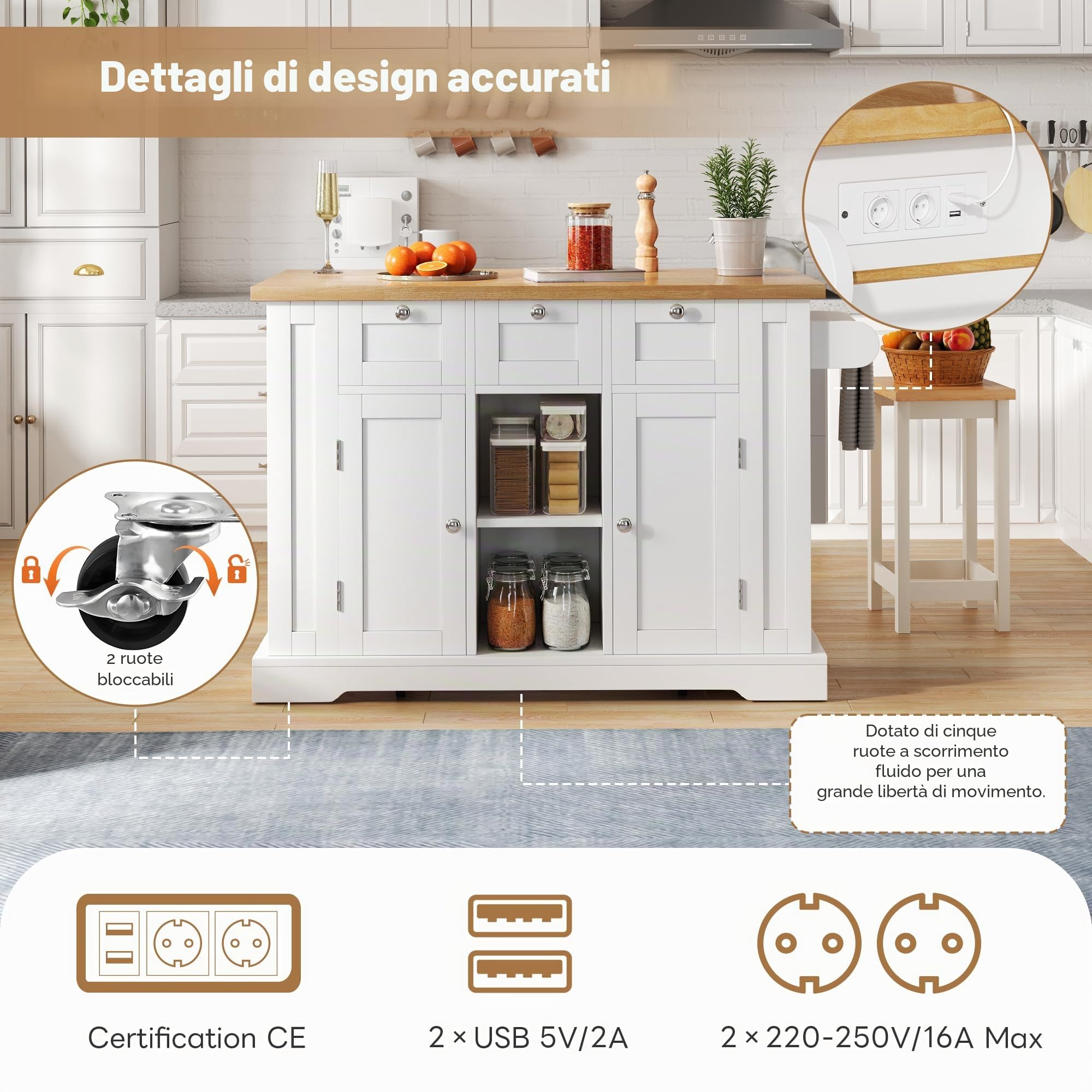 Isola da Cucina con Piano di Lavoro Ribaltabile, Armadio da Cucina su Ruote con Cassetto e Portaspezie, per Cucina e Sala da Pranzo, Portasciugamani, 120x40(70)x87 cm (Bianco)